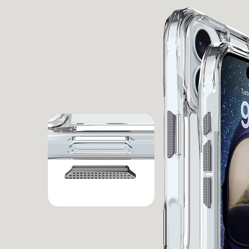 Şeffaf telefon kılıfı, güçlendirilmiş köşeler ve kamera kesimi. Yakın çekim.