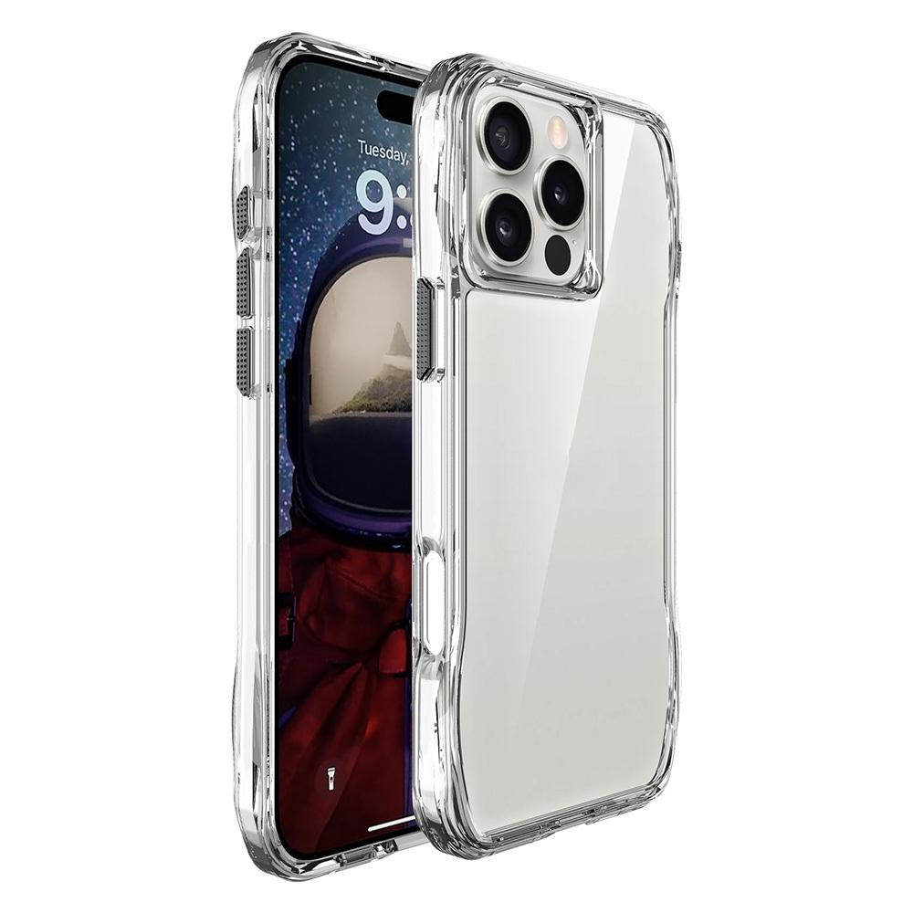 Ekranında astronot gösteren bir telefonla birlikte şeffaf telefon kılıfı.