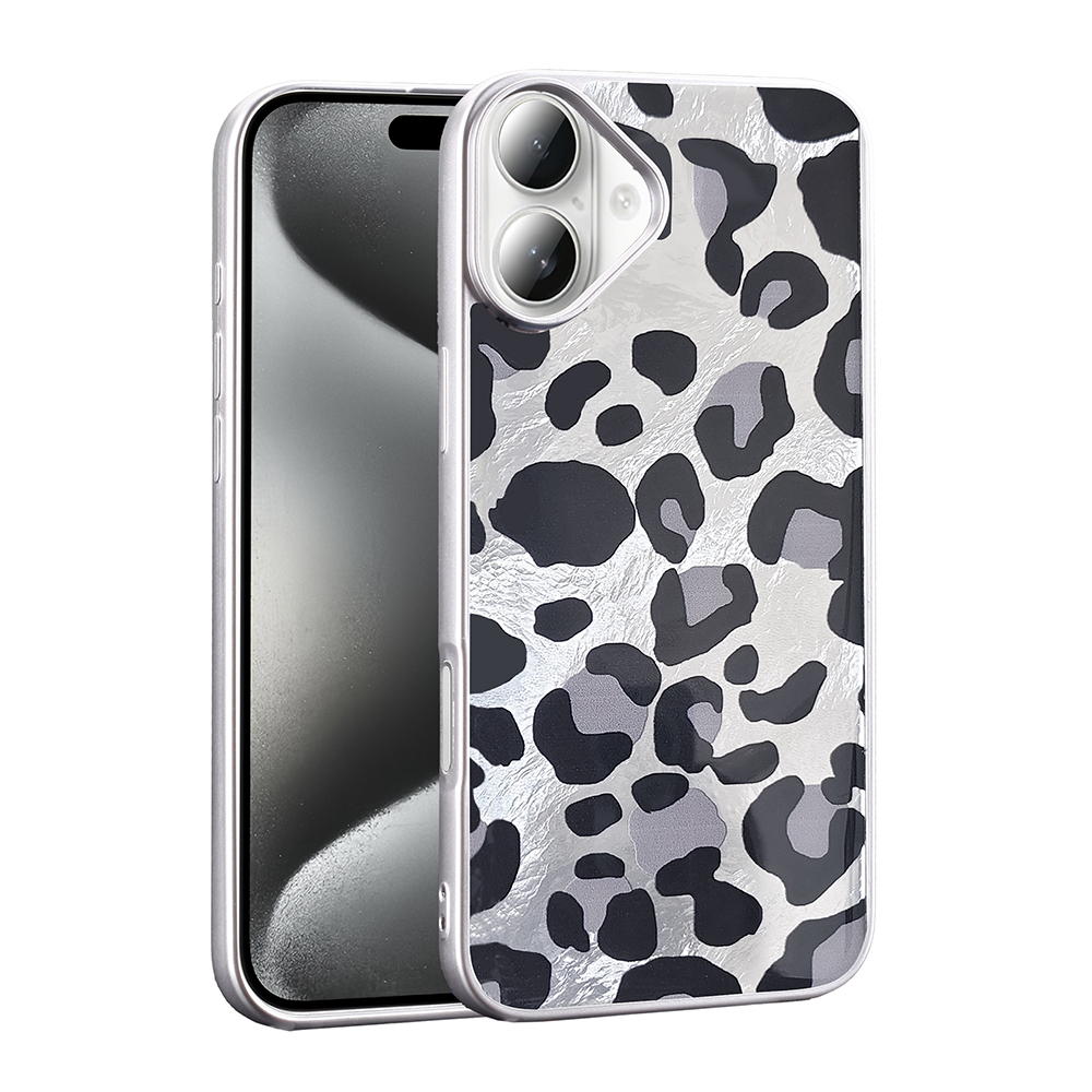 Beyaz arka plan üzerinde leopar desenli kılıfı olan bir telefon.