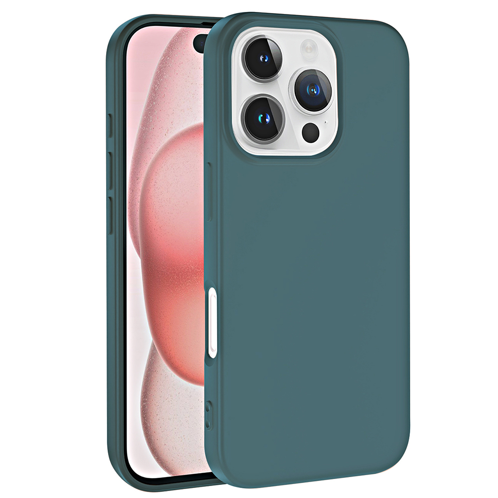 Teal rengi telefon kılıfı, pembe soyut arka plana sahip bir telefonda.