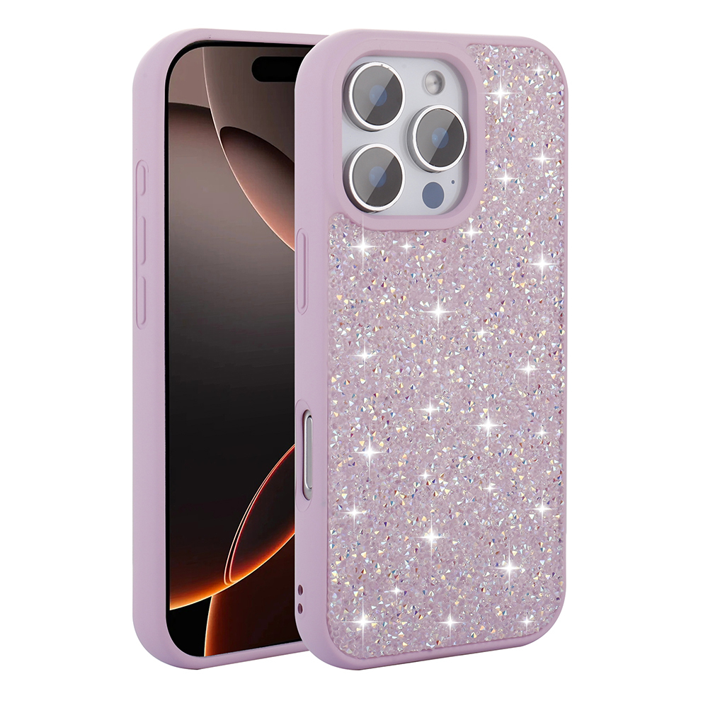 Simli ve üç kameralı mor iPhone kılıfı.