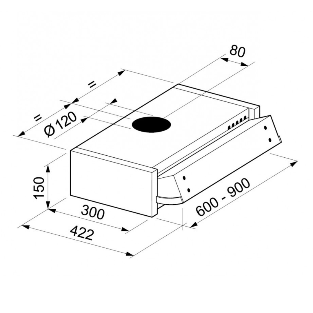 Disegno tecnico di una cappa aspirante con dimensioni.
