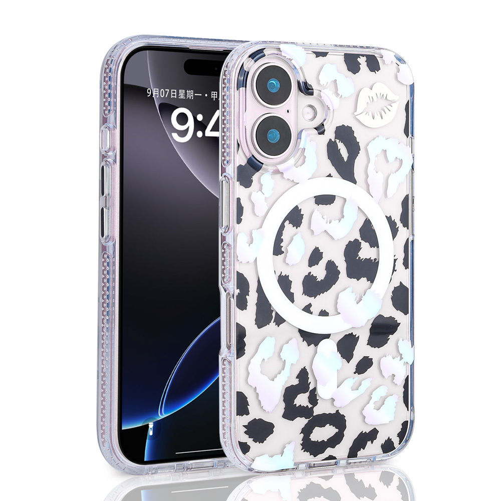 Leopar desenli ve dudak detaylı şeffaf telefon kılıfı.