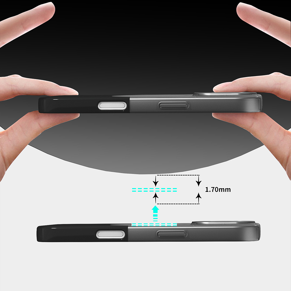 İki el, kalınlığı 1,70 mm gösterilen bir telefon kılıfı tutuyor.