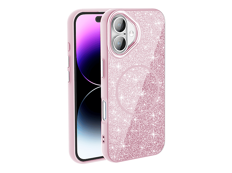 LOPARD iPhone 16 Uyumlu Mgsafe Şarj Özellikli Parlayan Simli Okso Kapak Telefon Kılıfı Pembe