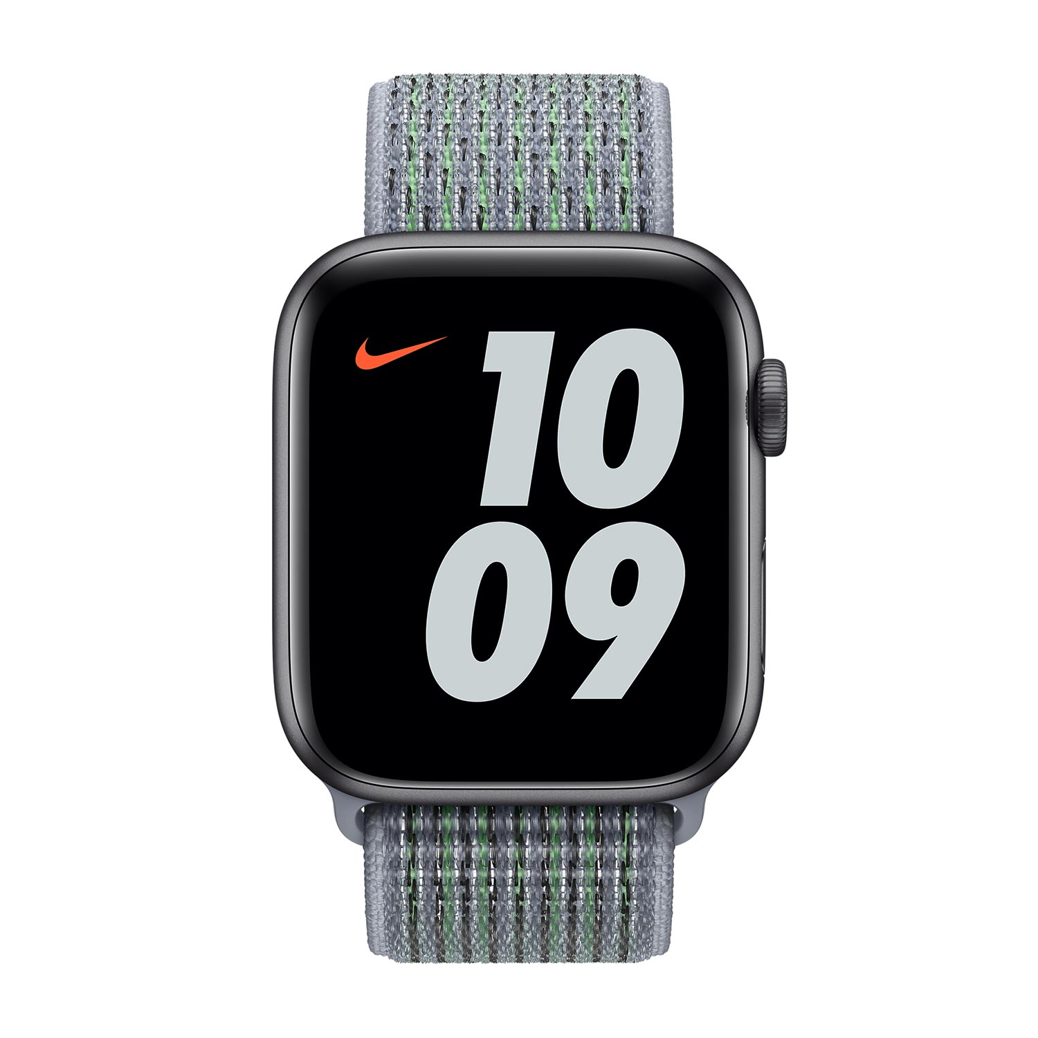 Montre connectée grise avec logo Nike affichant 10:09.