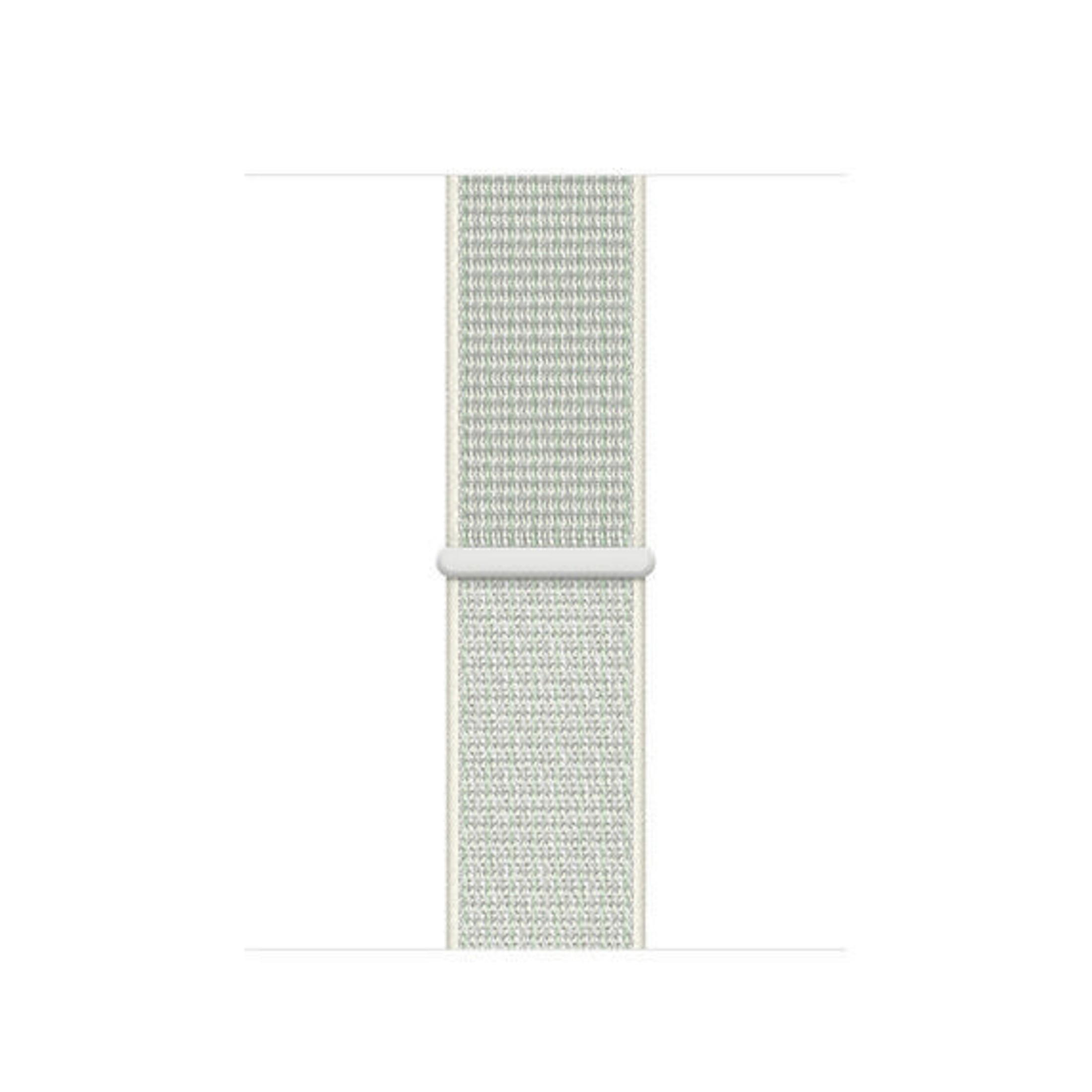 Un bracelet tissé vert clair avec un anneau blanc au centre.