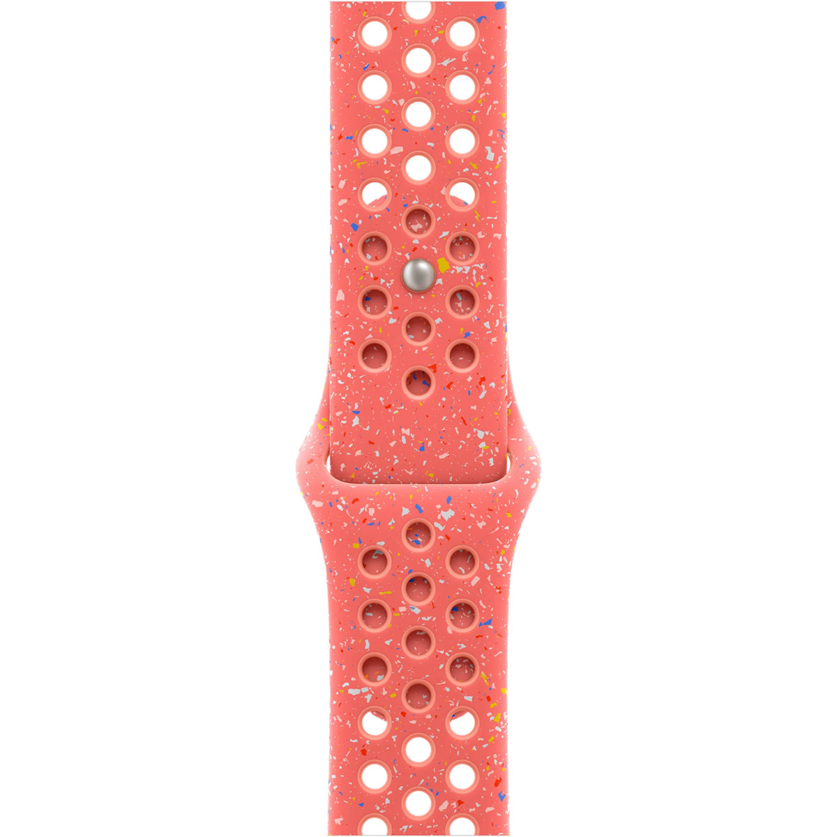 A coral-colored watch band with perforations and colorful speckles.