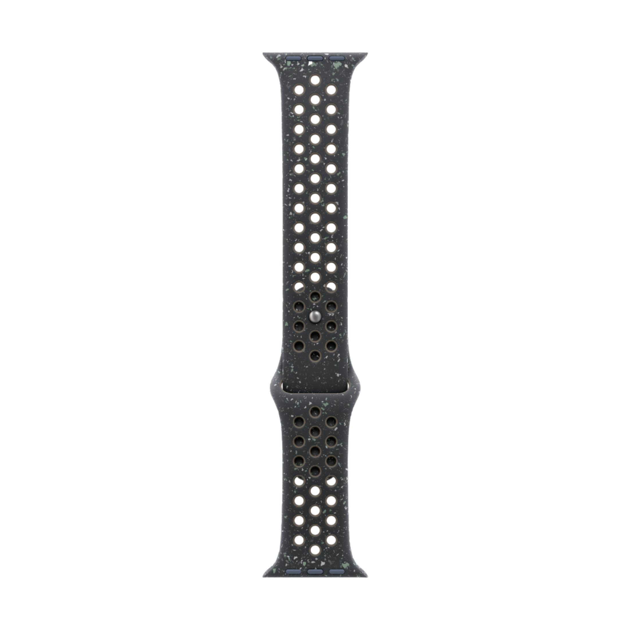 A dark gray perforated watch band with white and green speckles.
