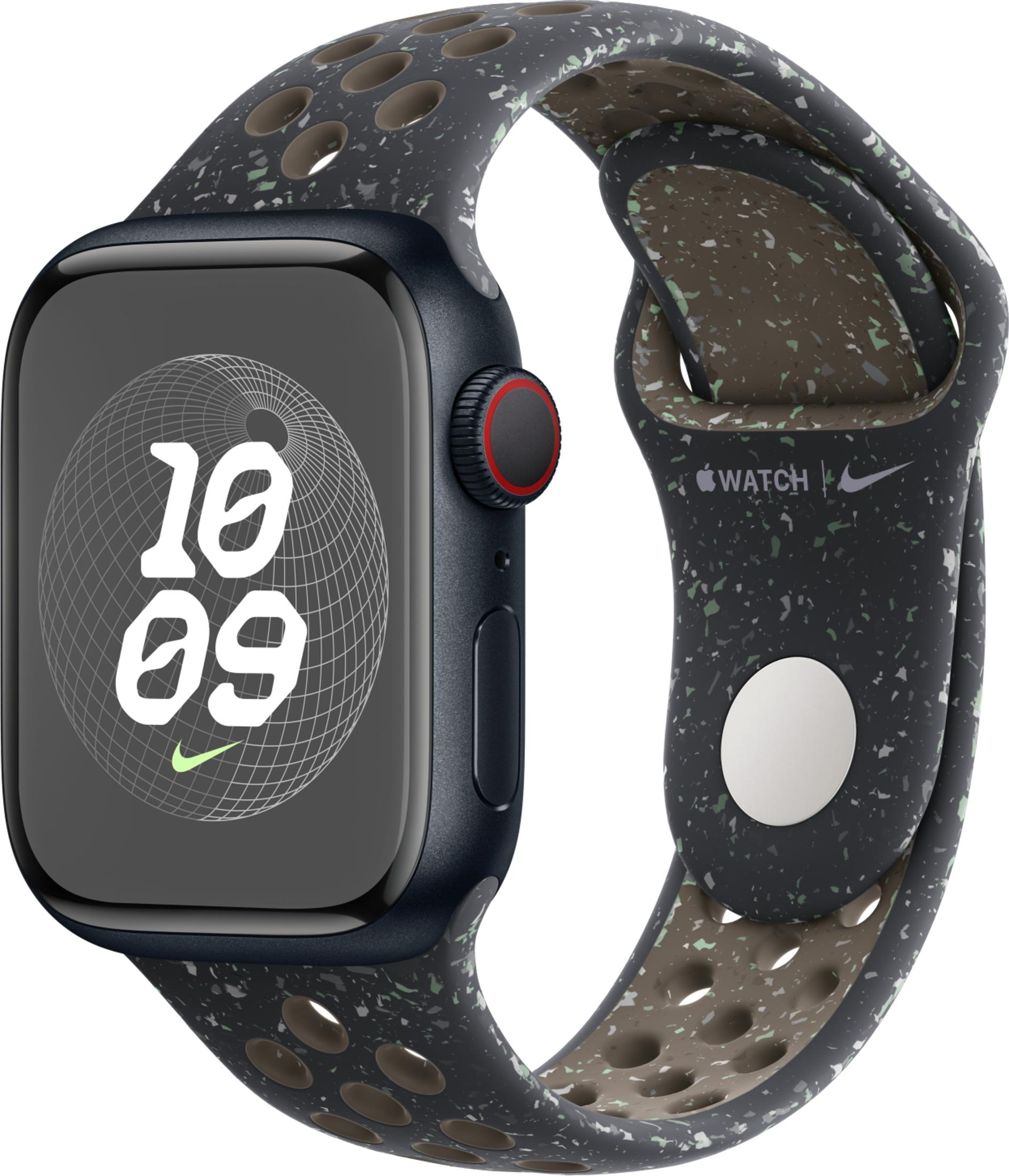 Dark gray smartwatch with speckled band and 10:09 time display.