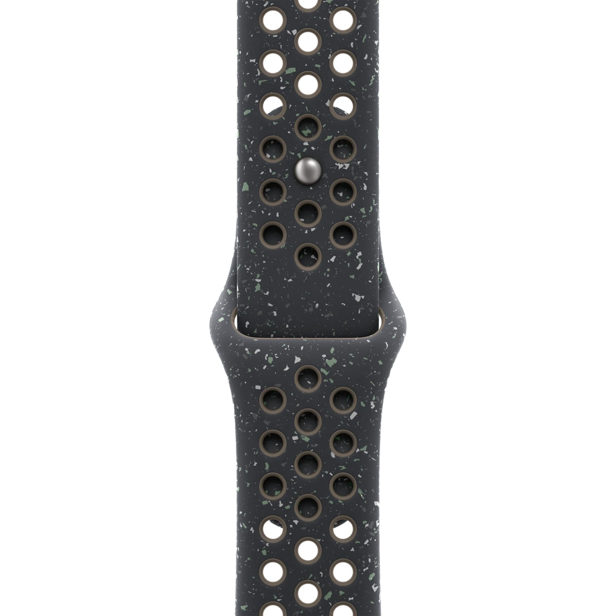 Dark gray watch band with white and green speckles and a perforated design.