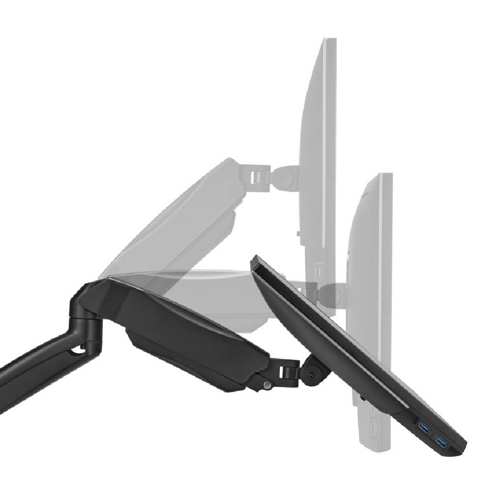 Farklı açılarda konumlandırılmış iki monitörlü siyah monitör kolu.