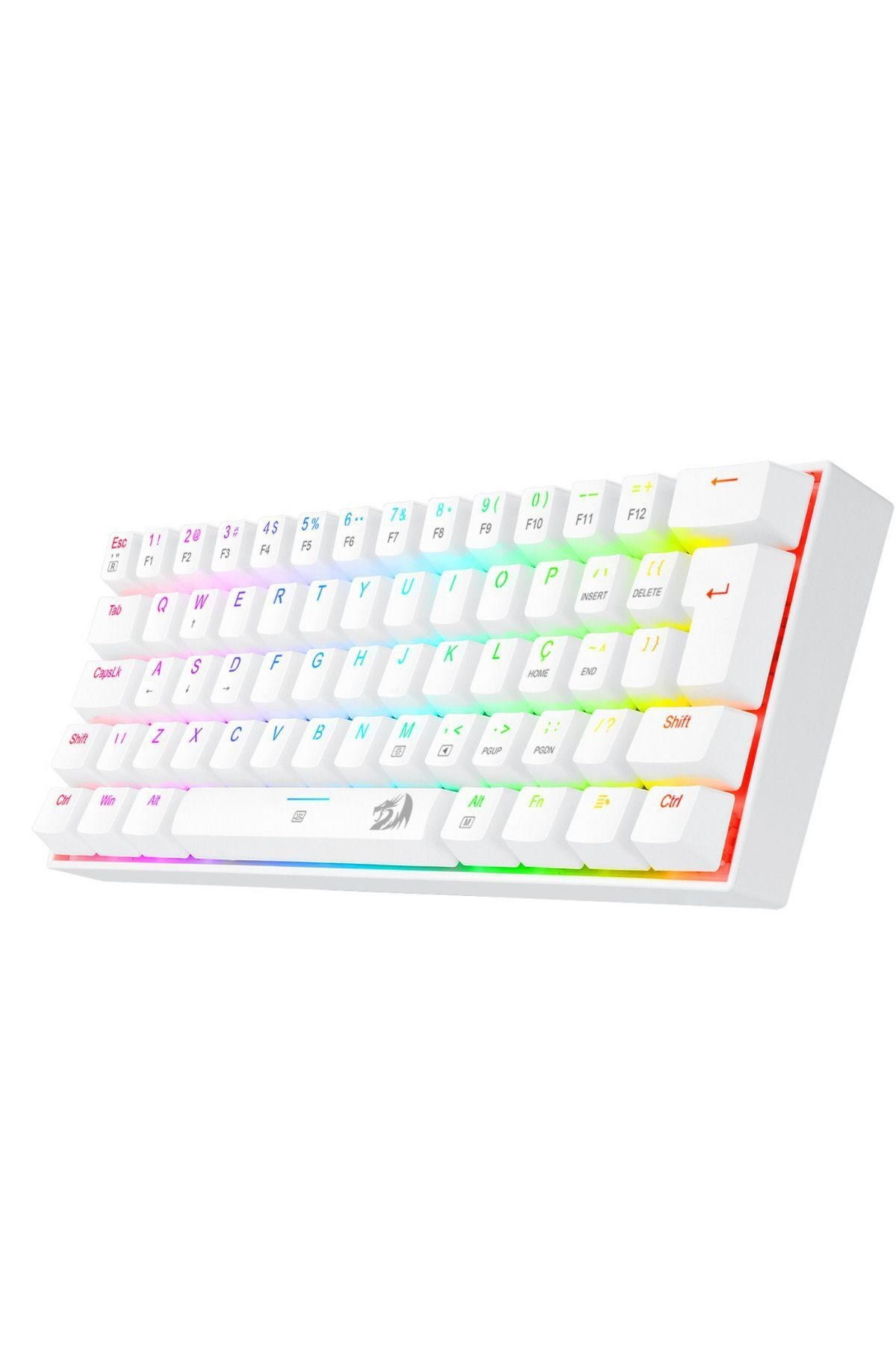 Beyaz arka plan üzerinde RGB aydınlatmalı beyaz bir klavye.