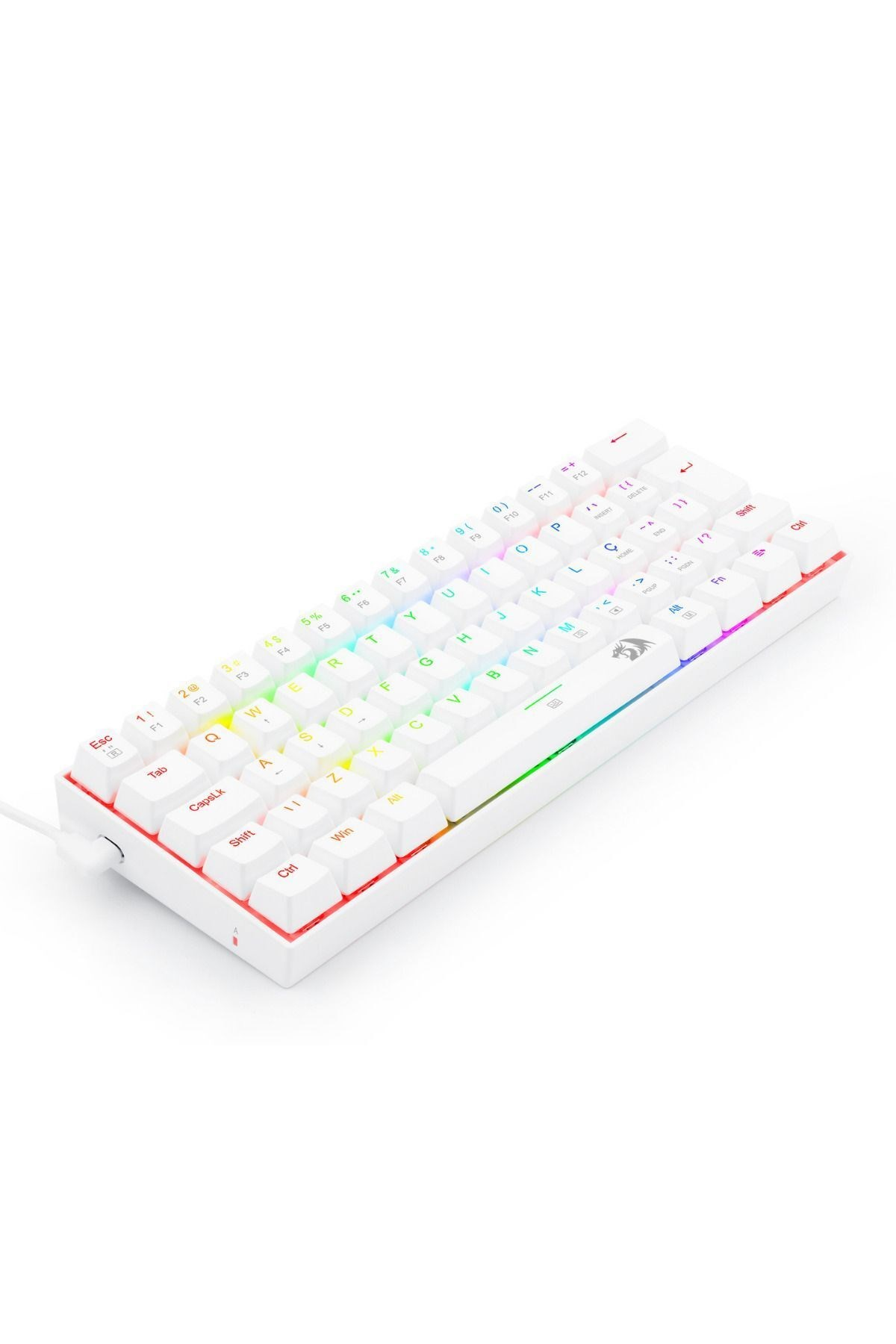 Beyaz arka plan üzerinde RGB aydınlatmalı beyaz kompakt mekanik klavye.