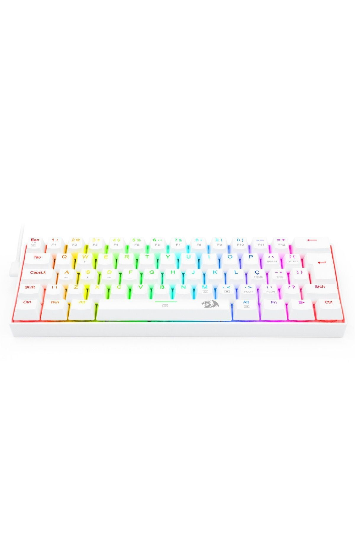 Renkli tuşlara sahip RGB arka aydınlatmalı beyaz mekanik oyuncu klavyesi.