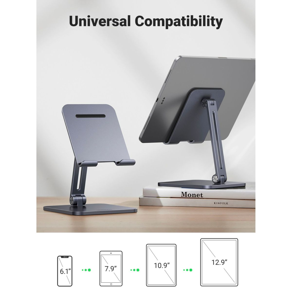 Supporto grigio per tablet con tablet, e un supporto vuoto accanto. Indicatori di dimensione in basso.