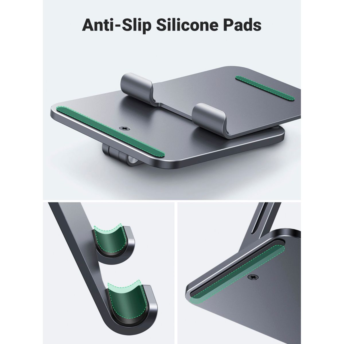 Supporto grigio per laptop con pad antiscivolo verdi. Primi piani mostrano i dettagli.