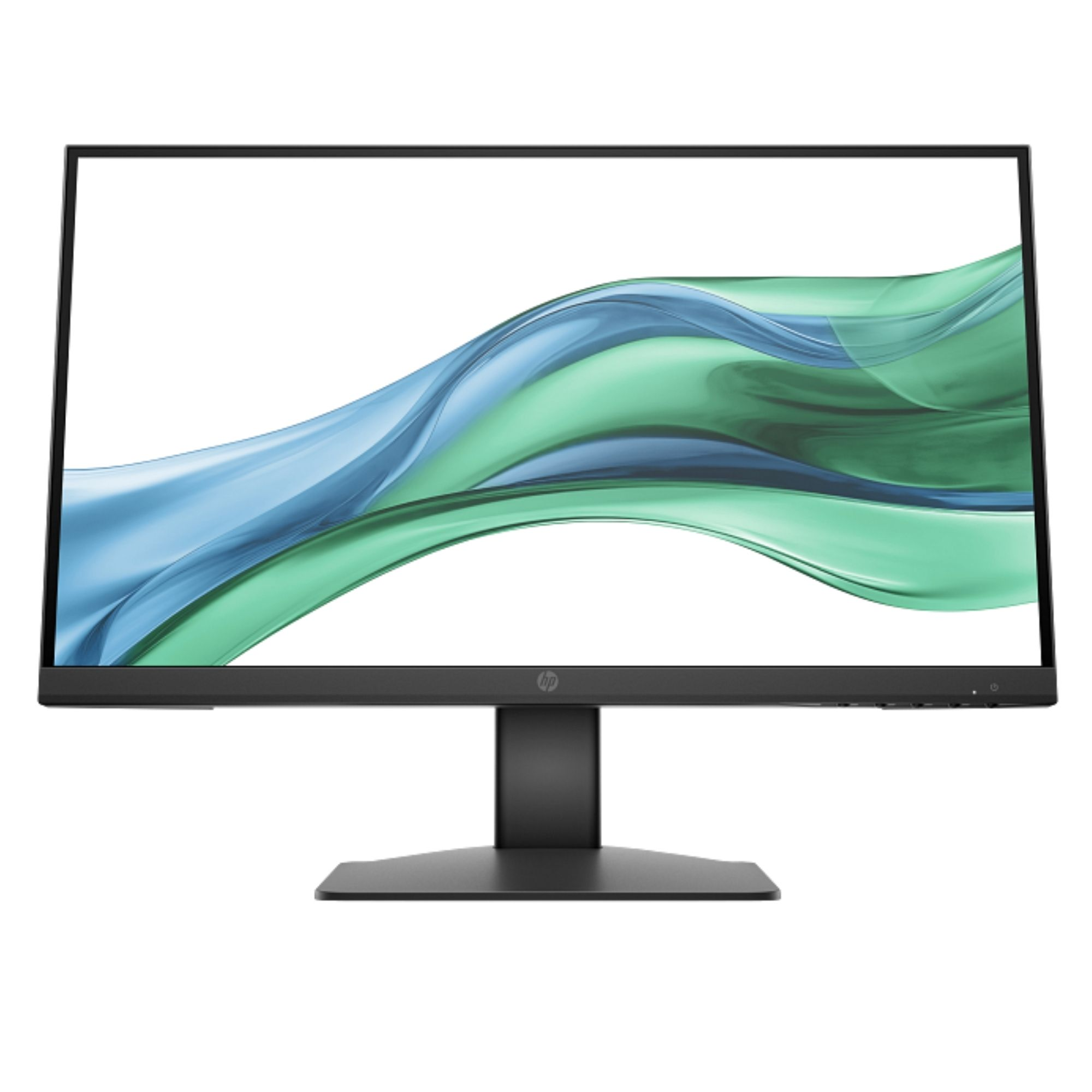 Ekranında mavi ve yeşil dalgalı desen gösteren siyah monitör.