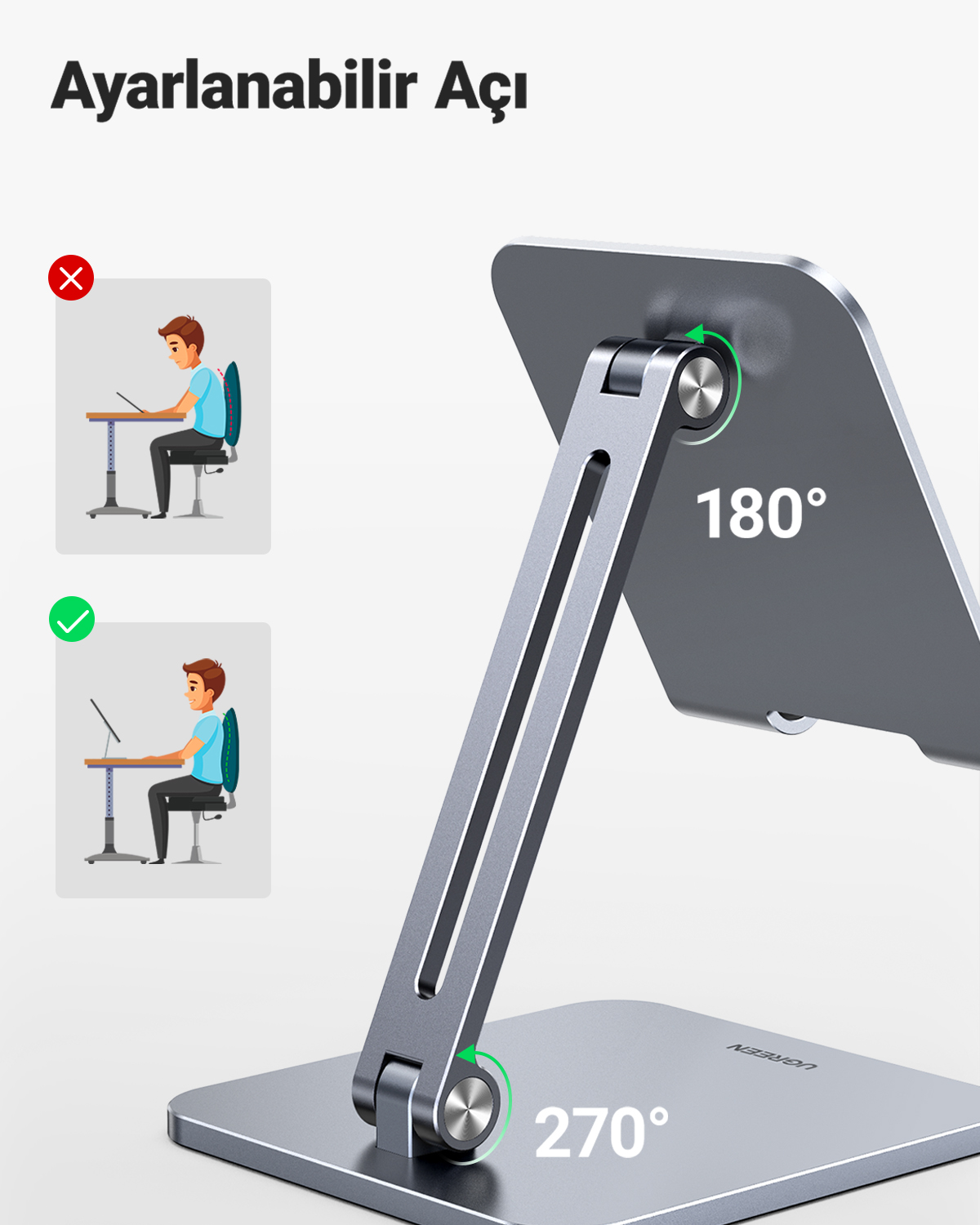 Supporto regolabile con angoli di 180° e 270°, con esempi di postura corretta e scorretta.