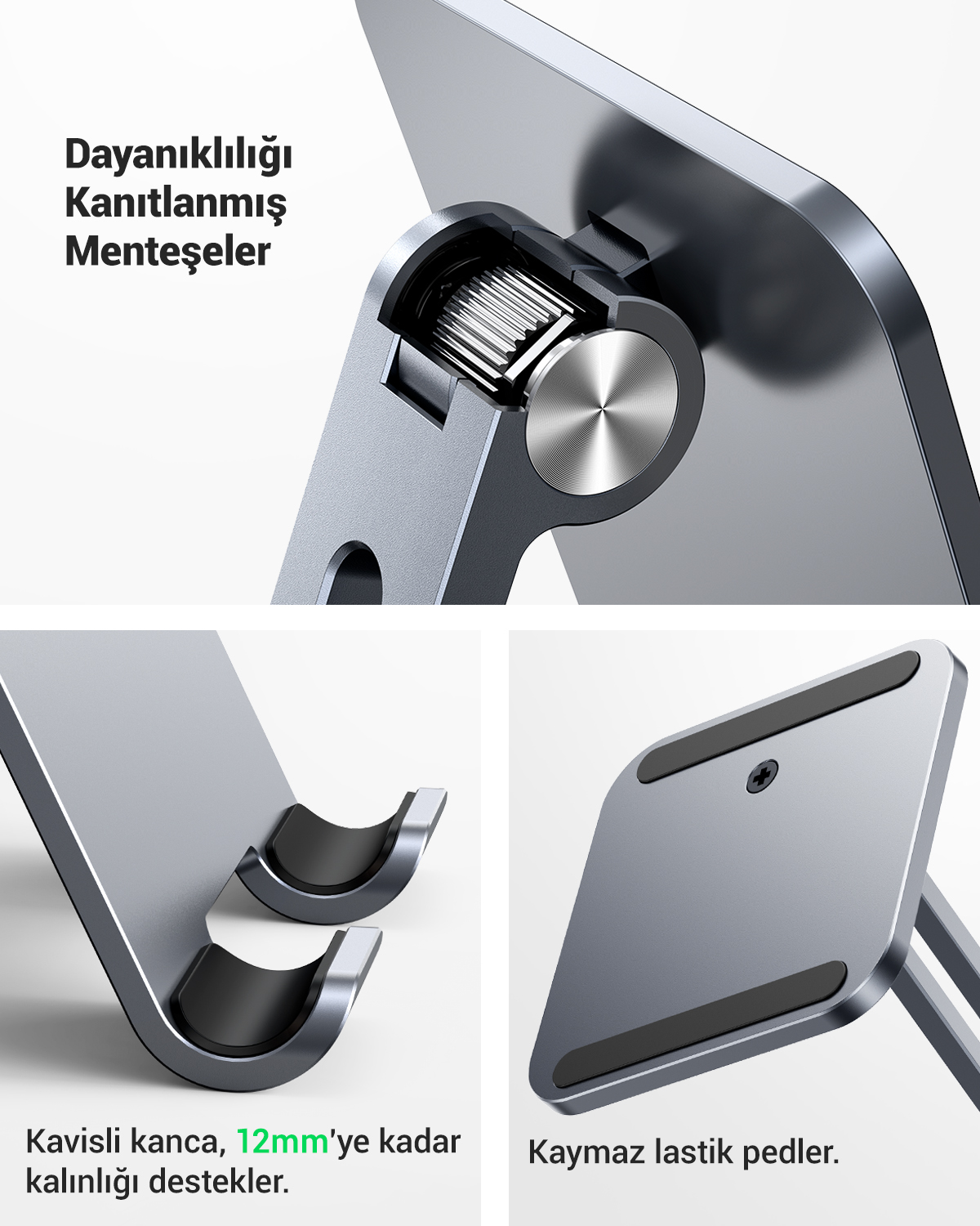 Supporto grigio per tablet con cerniere argentate, ganci e piedini in gomma antiscivolo.