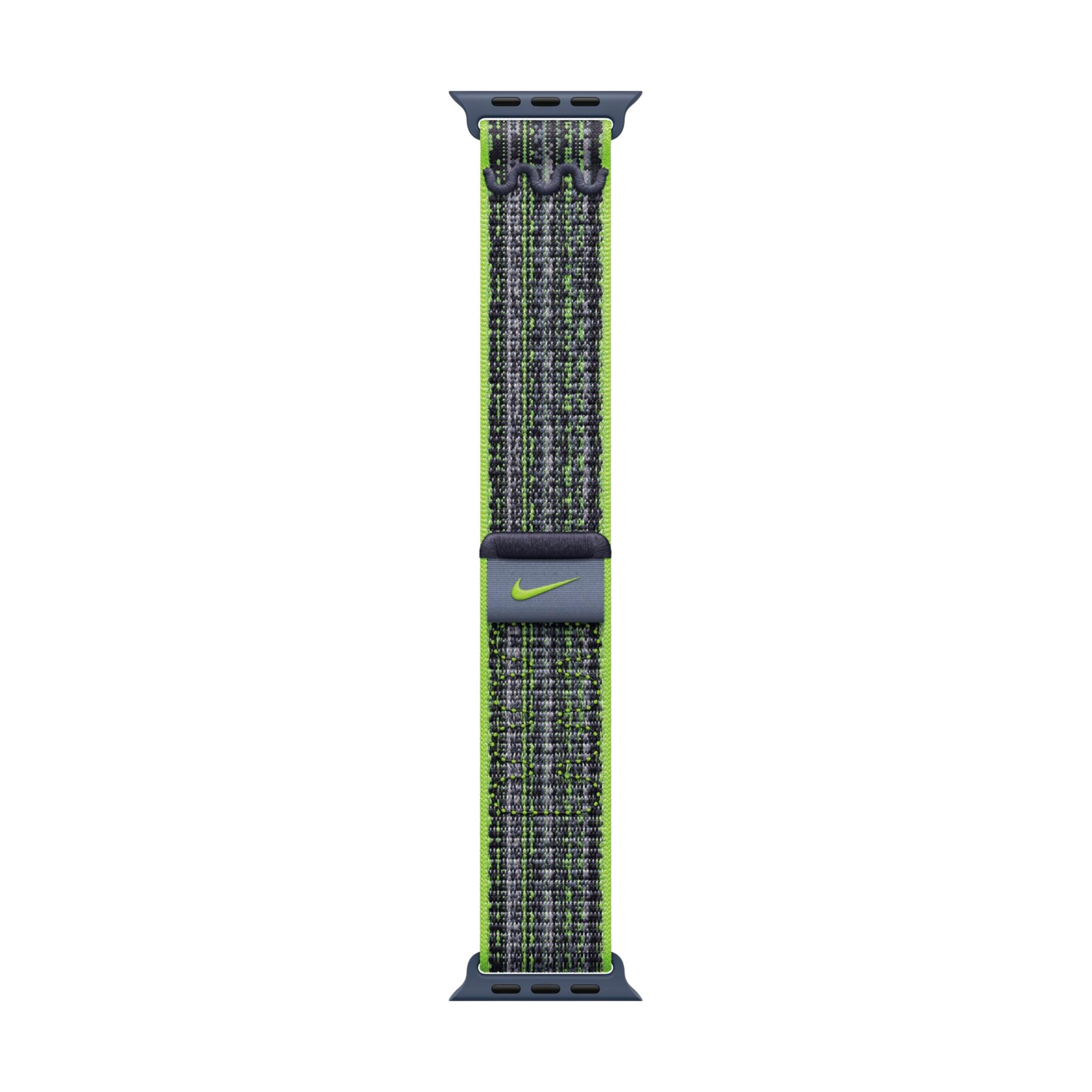 A gray Apple Watch band with a black and neon green pattern and Nike logo.