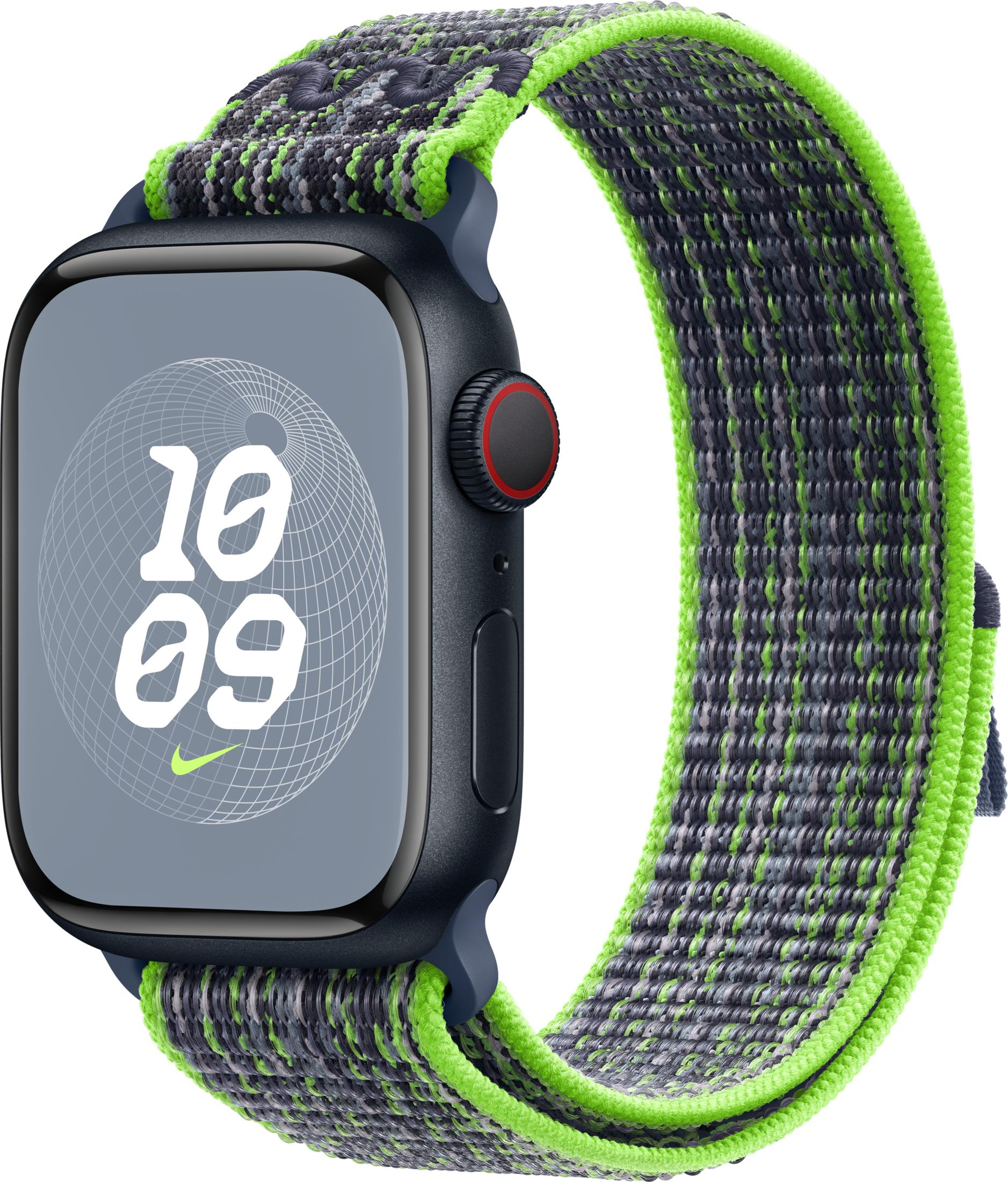 A dark smartwatch with a colorful fabric band in gray, black, and neon green tones.