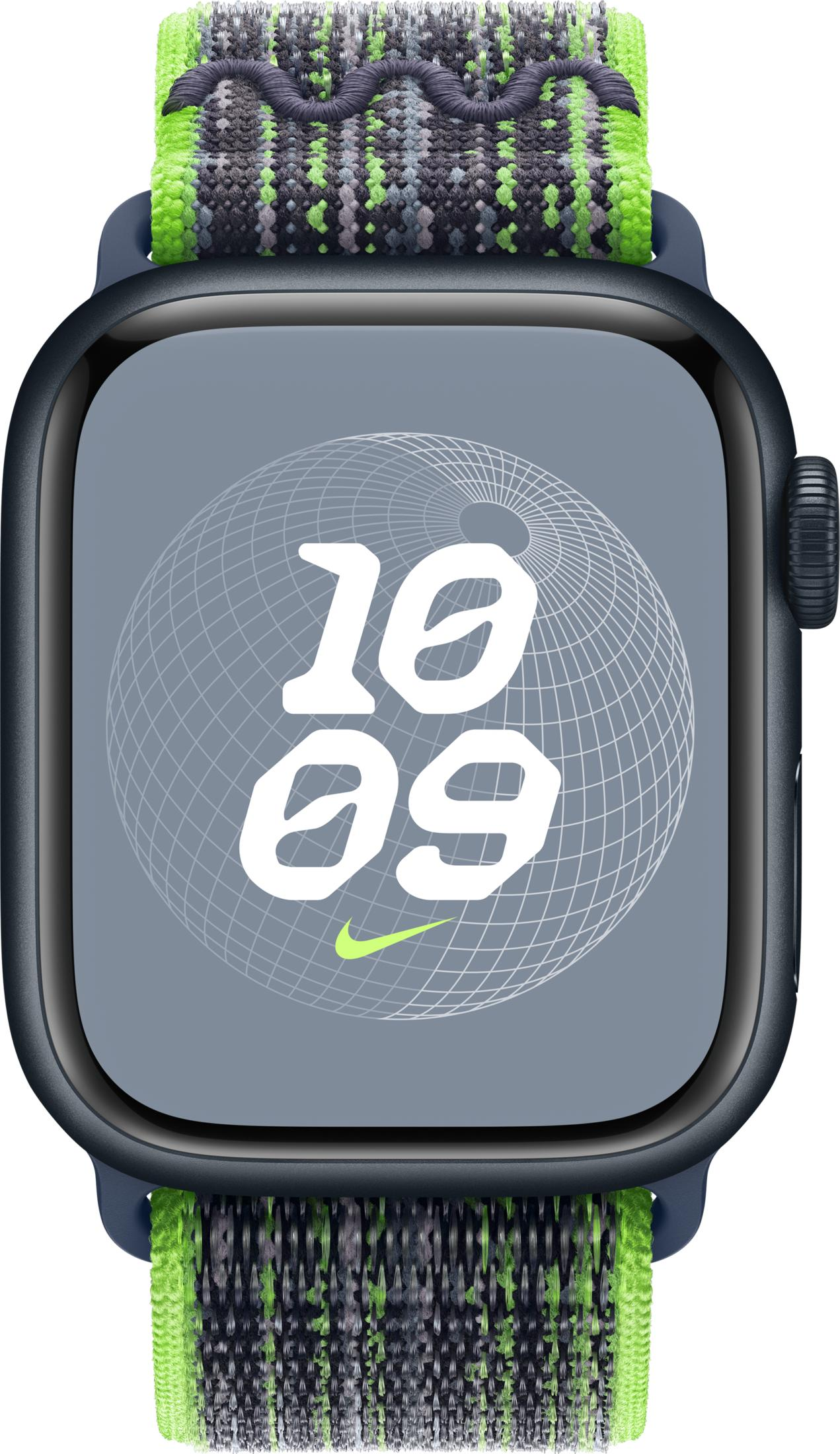 A smartwatch displaying 10:09 and a Nike swoosh on a gray face.
