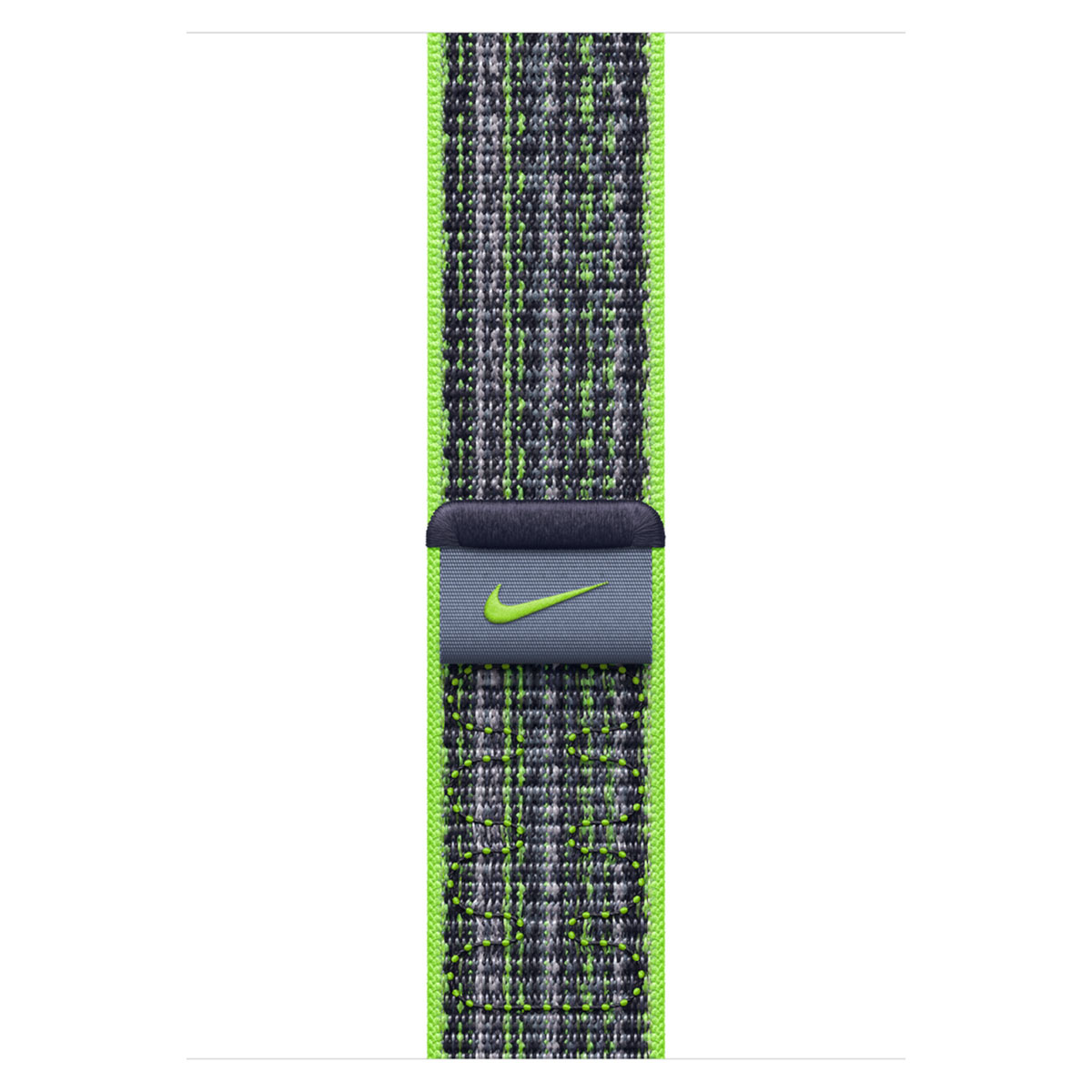 A watch band with a speckled pattern in black, gray, and neon green, featuring a Nike logo.