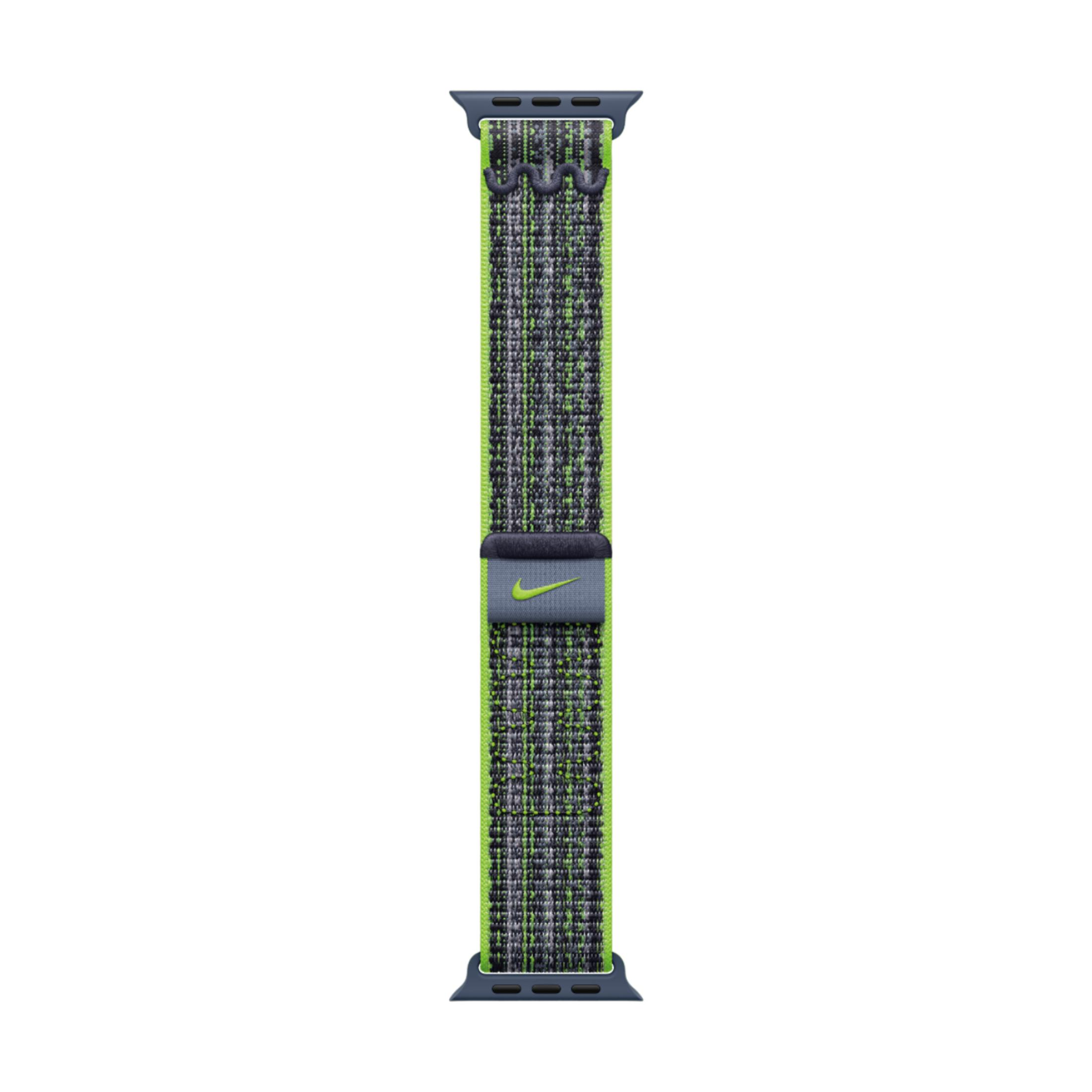 A gray and neon green Nike-branded Apple Watch band.