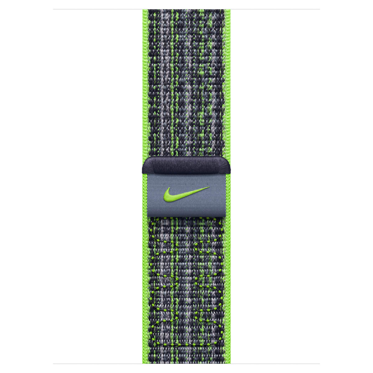 A Nike watch band with a neon green border and gray/black pattern.