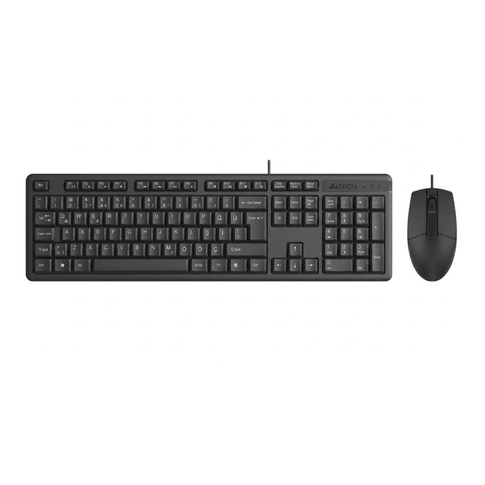 Beyaz zeminde siyah A4TECH klavye ve fare.
