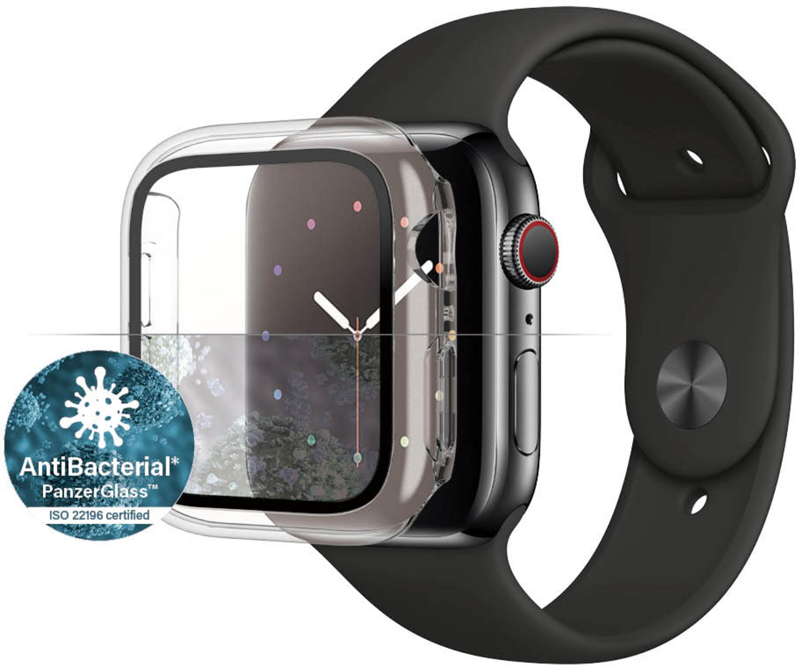 Een zilverkleurig smartwatch met een zwarte band en een doorzichtige beschermhoes.