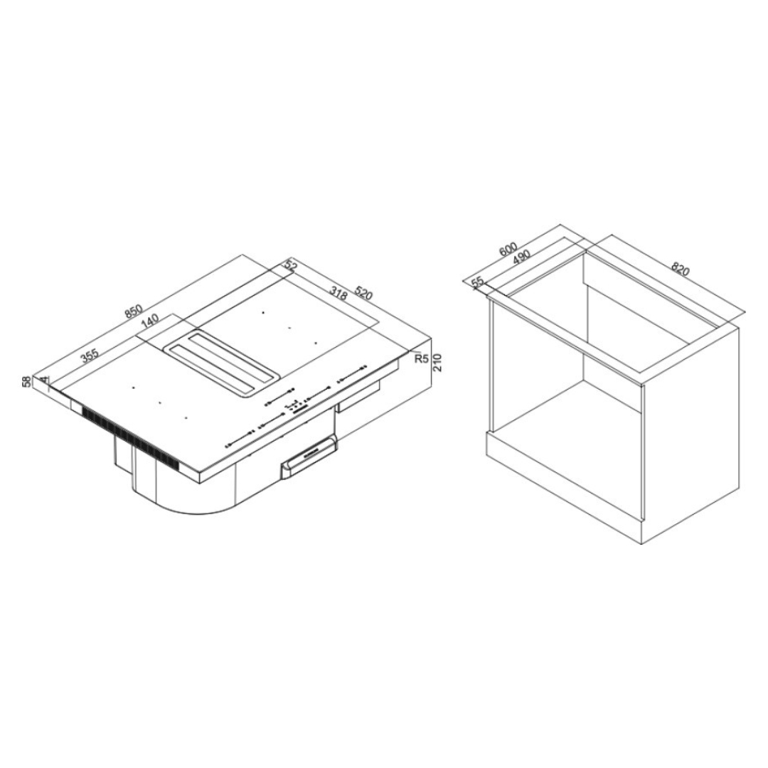Disegno tecnico di una cappa da cucina e della sua cassa con dimensioni.