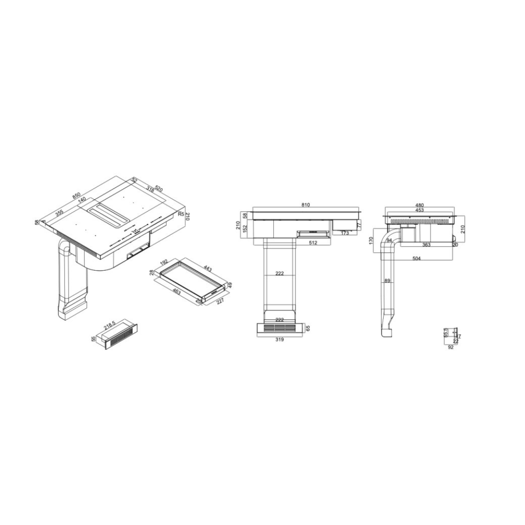 Disegno tecnico di una cappa aspirante con dimensioni.