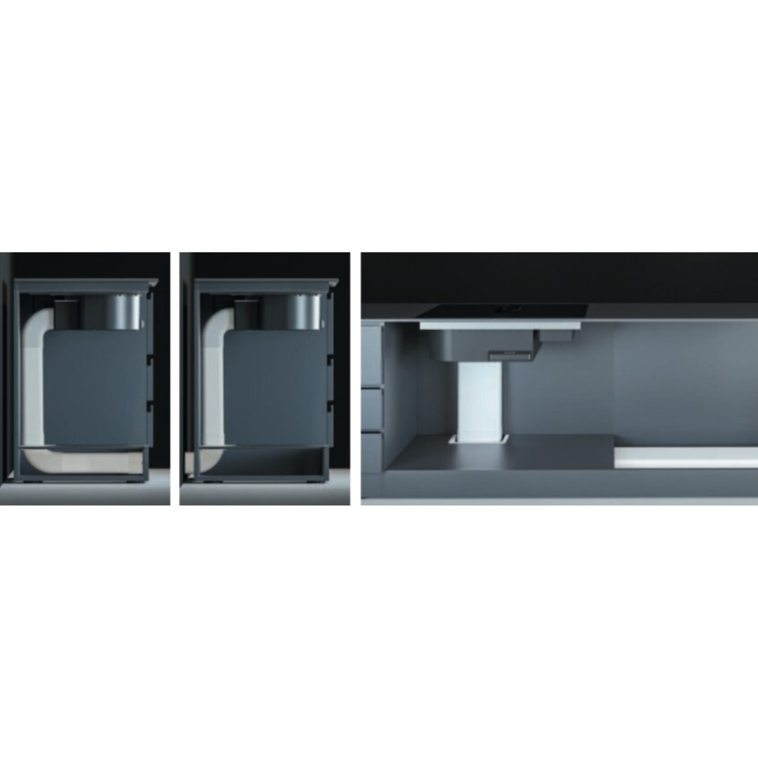 Tre viste di un moderno sistema di ventilazione per cucina che mostra l'installazione.
