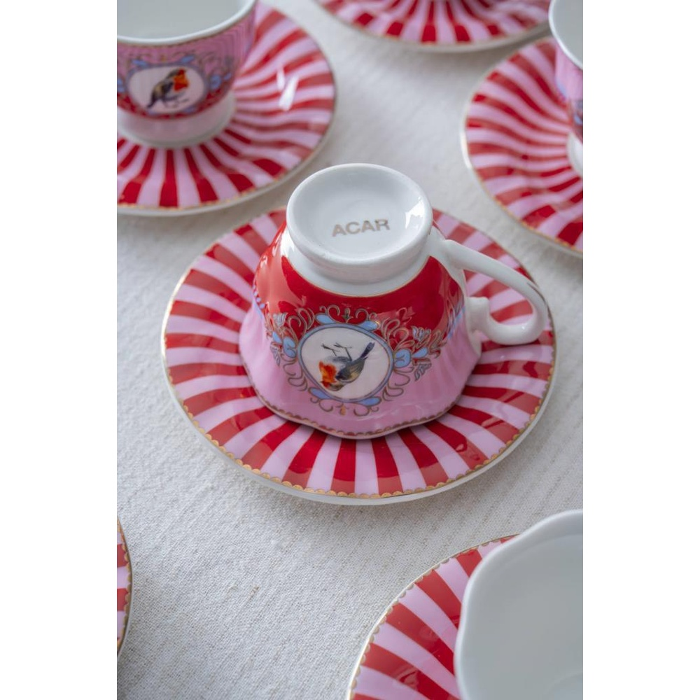 Kuş motifli, ters çevrilmiş pembe ve kırmızı fincan ve tabağı seti.
