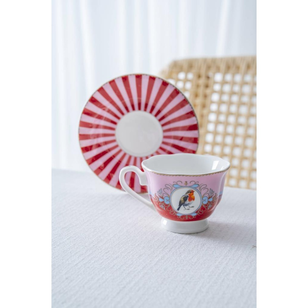Kuş motifli pembe çay fincanı ve kırmızı çizgili fincan tabağı.