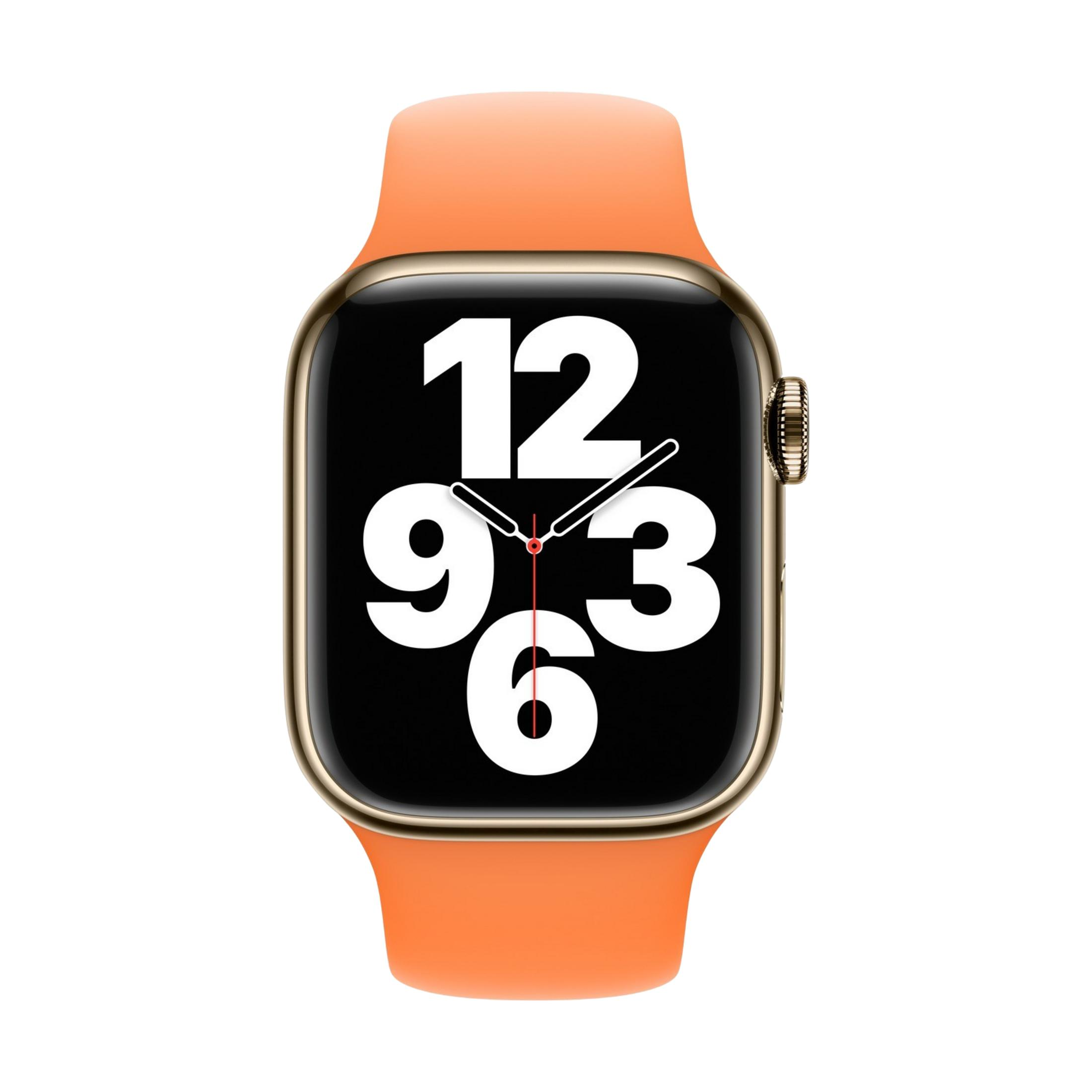 Goldene Smartwatch mit orangem Armband und Zifferblatt. Zeigt 12, 9, 3, 6.