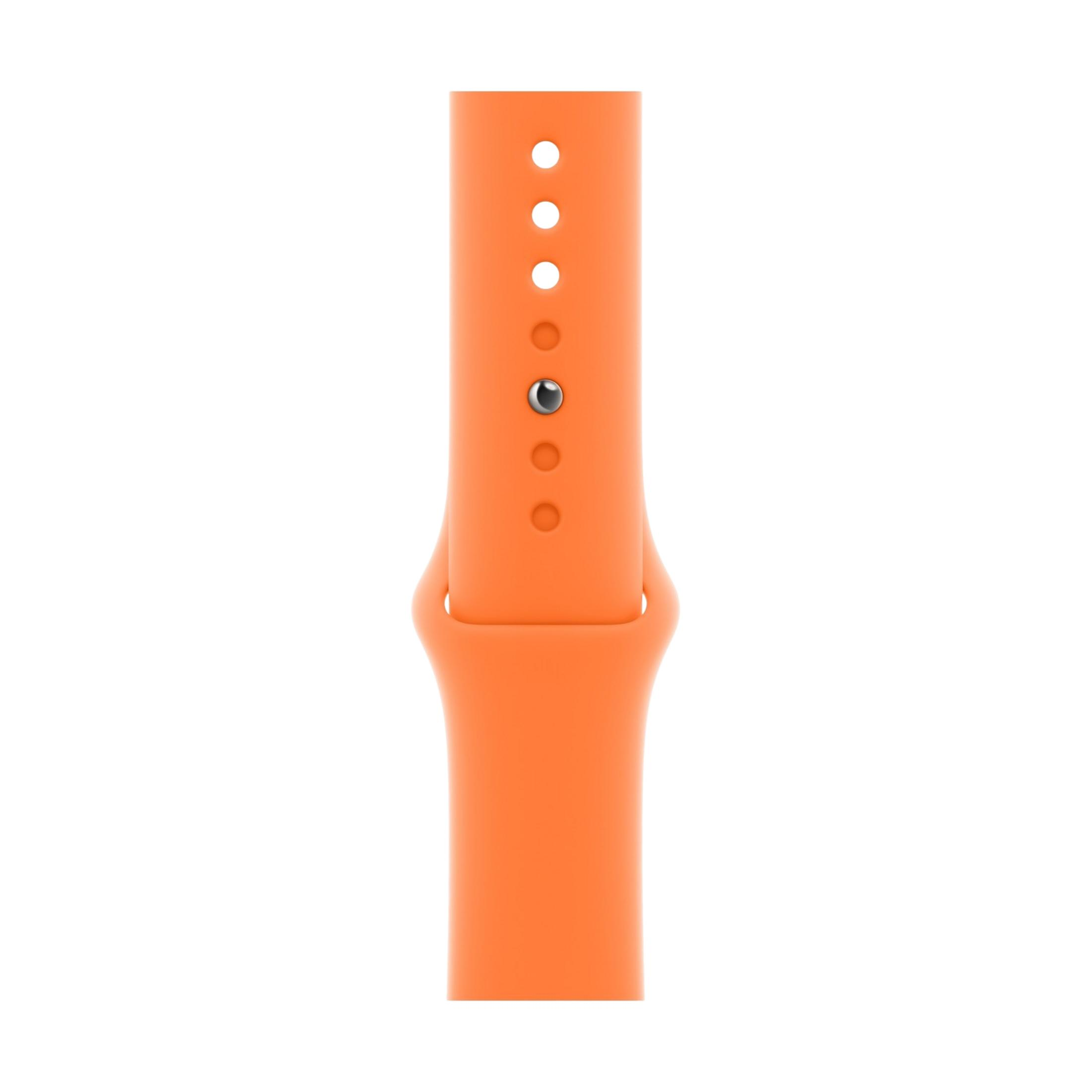 Ein oranges Uhrenarmband mit vier Knöpfen und einem Metallstift.