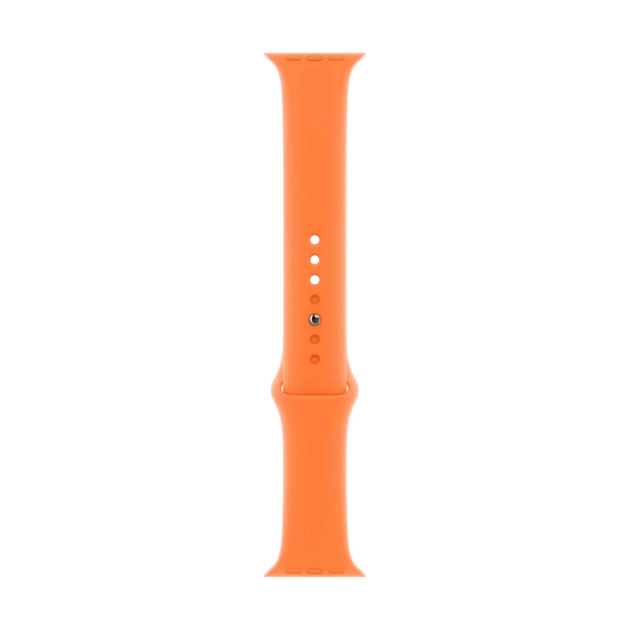 Ein orangefarbenes Uhrenarmband mit
Löchern und einem silbernen Stift.
