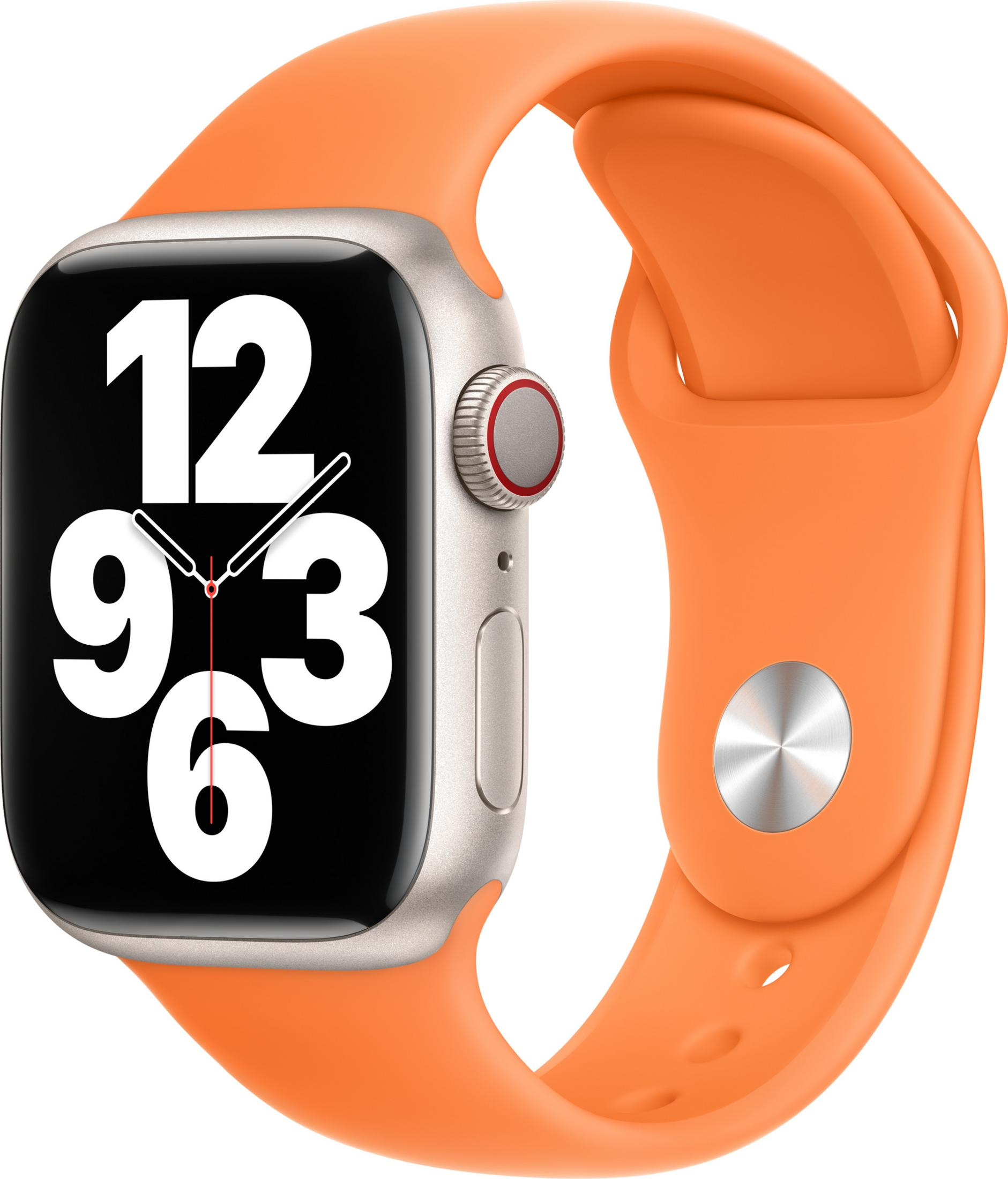Silberne Smartwatch mit orangefarbenem Armband und digitaler Zeitanzeige.