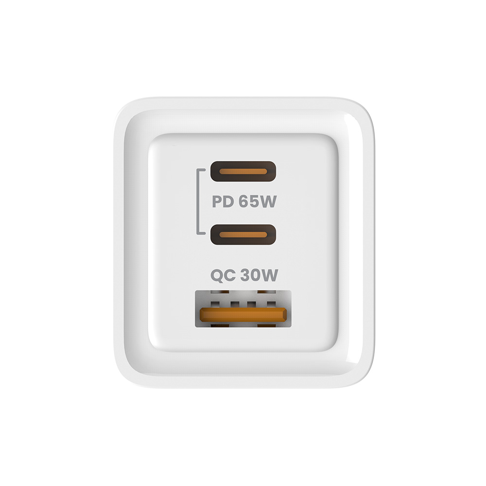 Biała ładowarka z dwoma portami USB-C i jednym portem USB-A.
