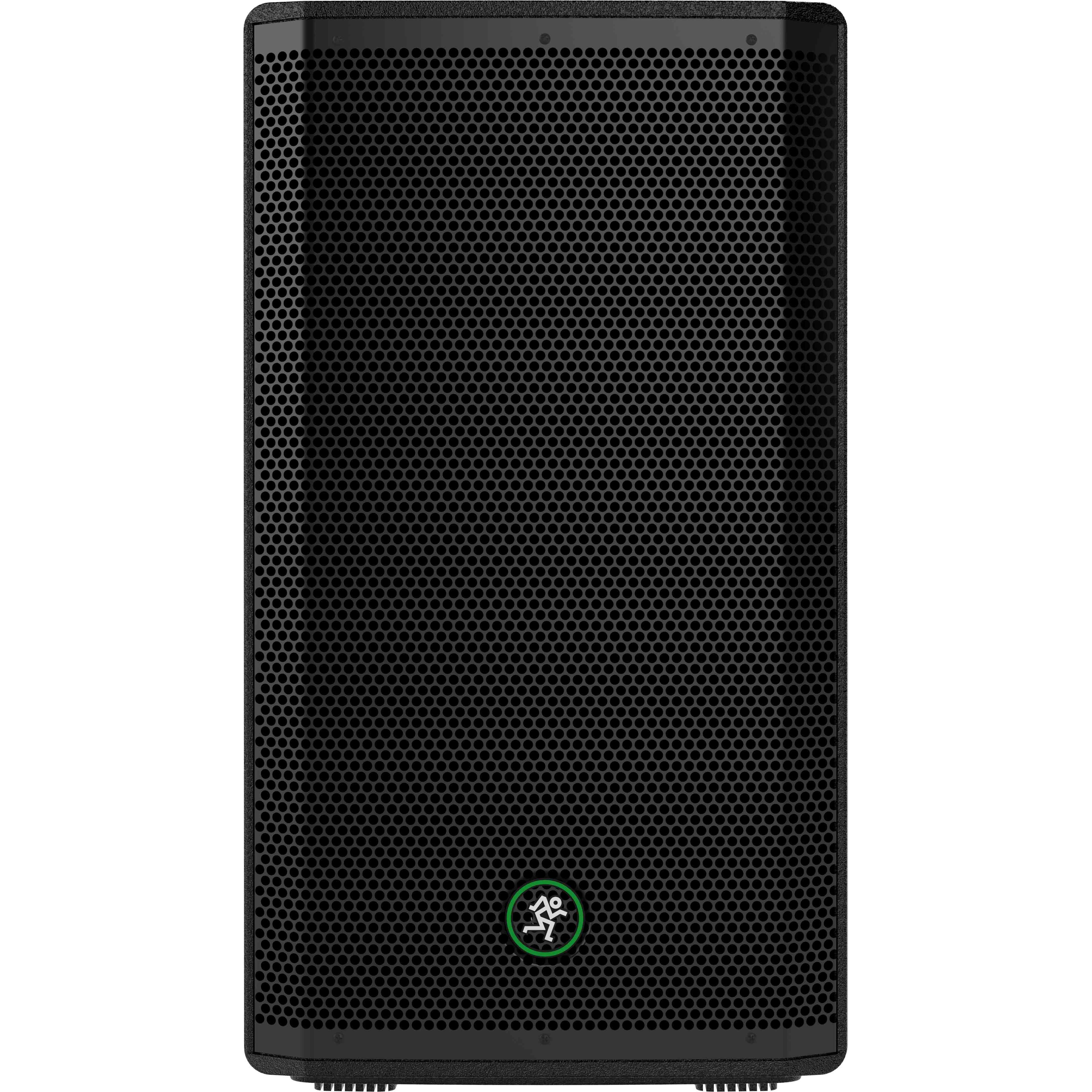 Altoparlante nero con griglia forata e logo verde.