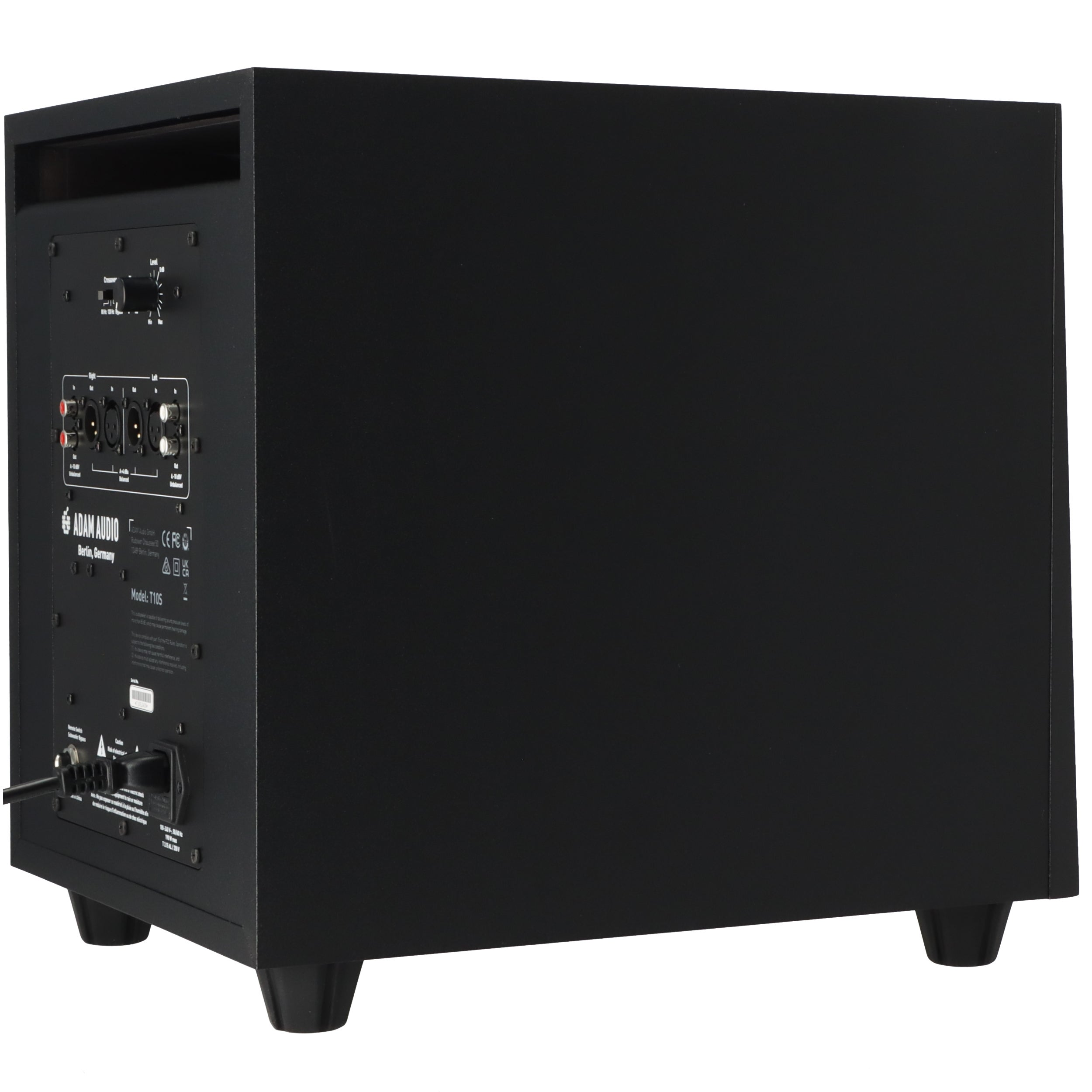 Subwoofer nero con connessioni e cavo sul retro.
