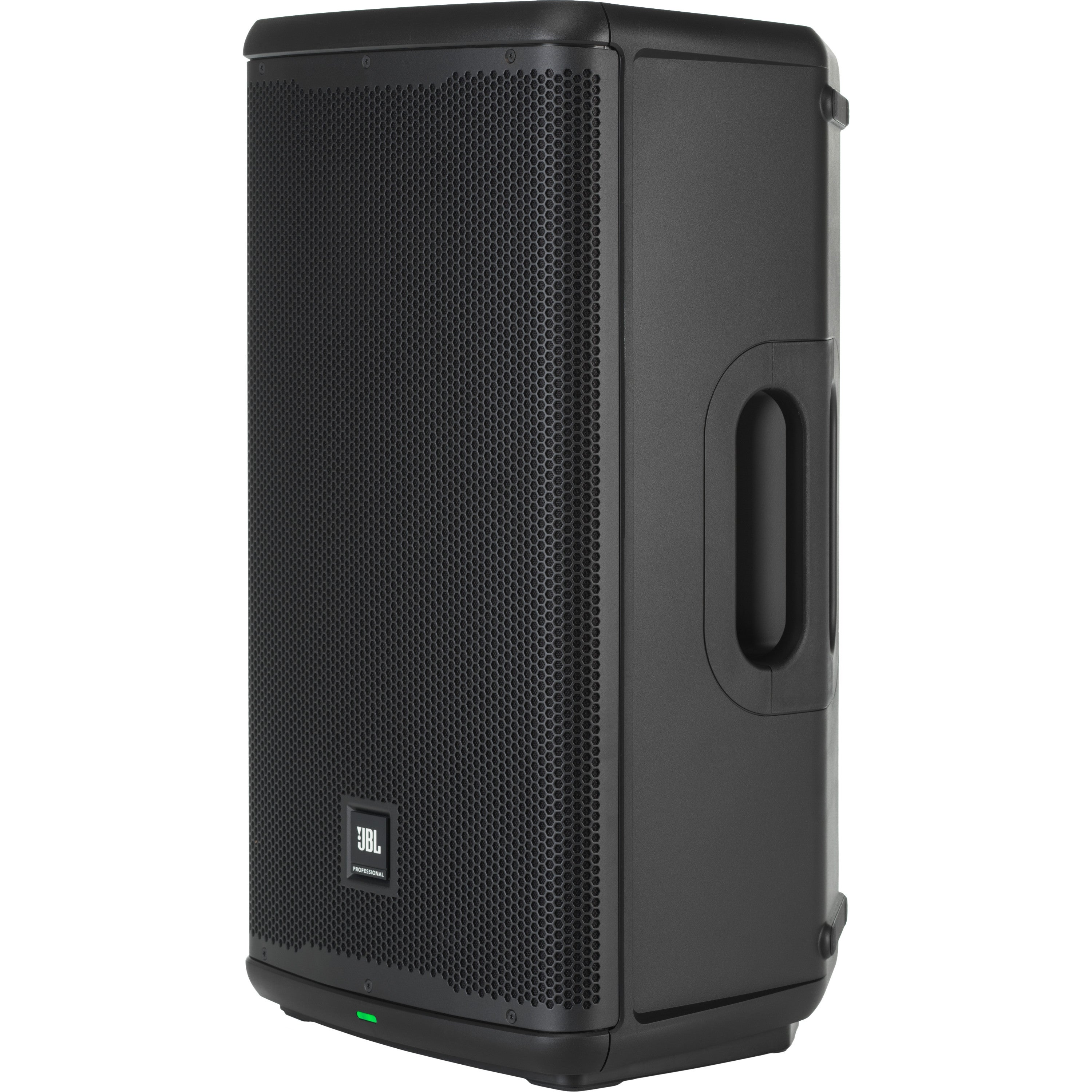 Black JBL speaker with a grille front and handle.