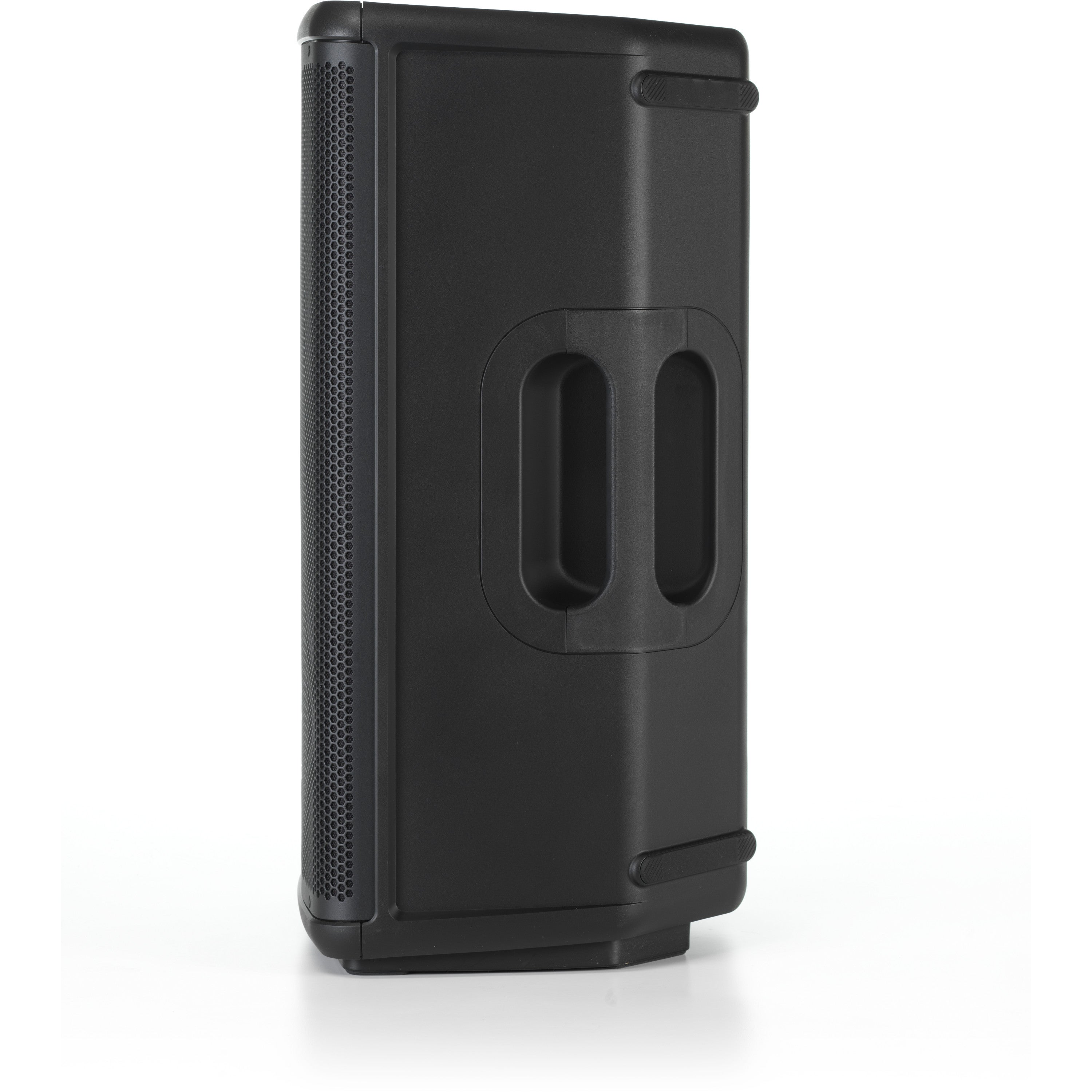 Black speaker with handle indentations and honeycomb grill on a white background.