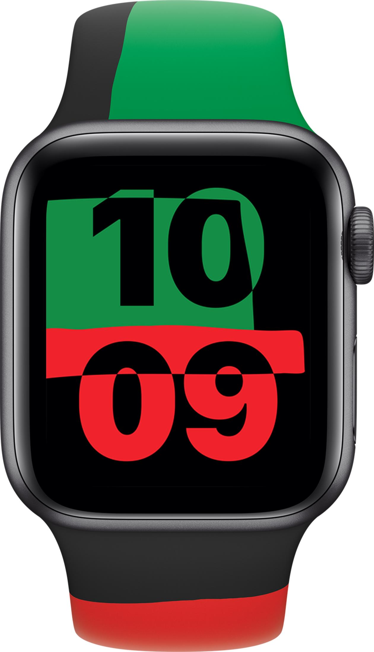Une montre connectée noire avec bracelet vert, noir et rouge. L'écran affiche 10:09.