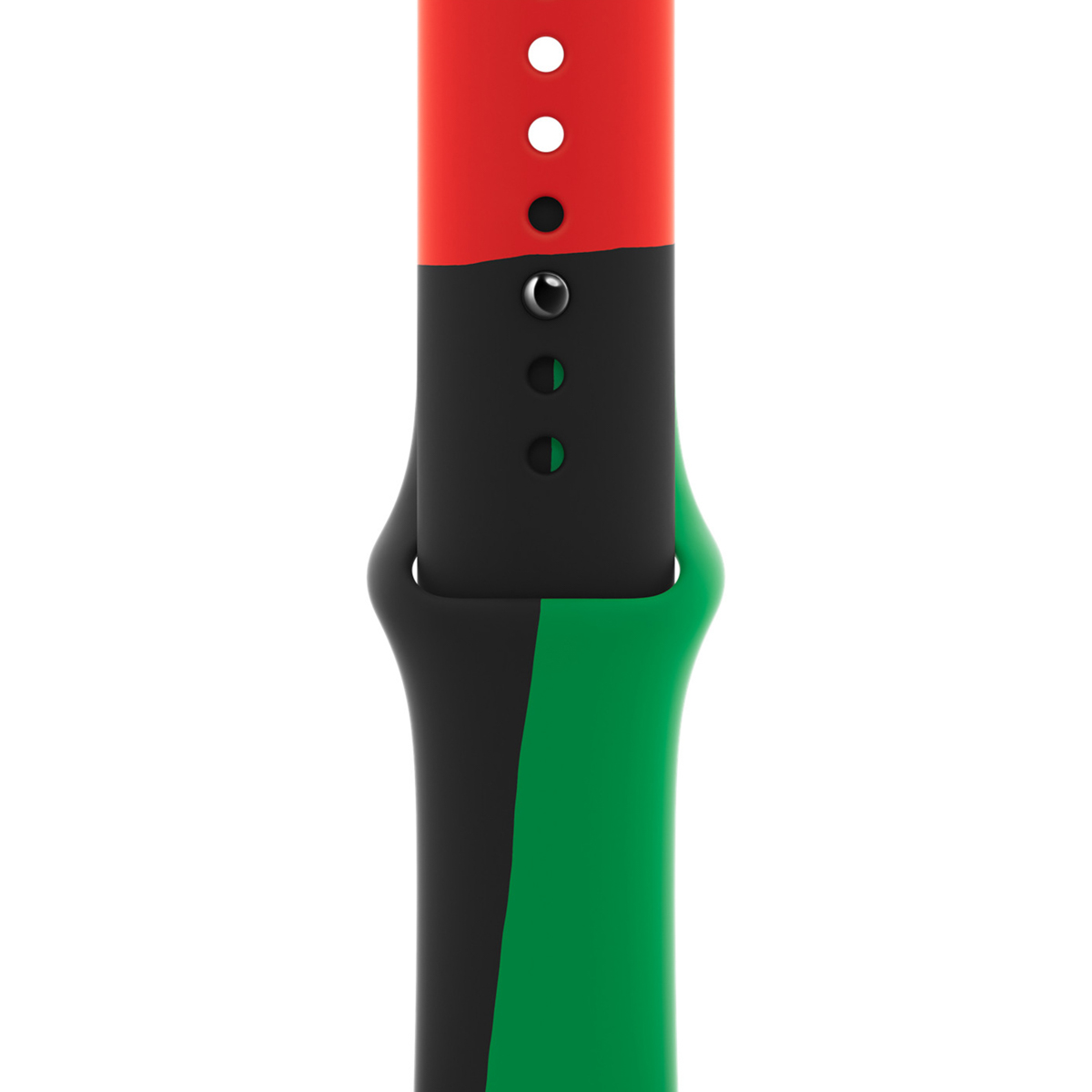 Un bracelet de montre rouge, noir et vert avec des trous et des boutons.