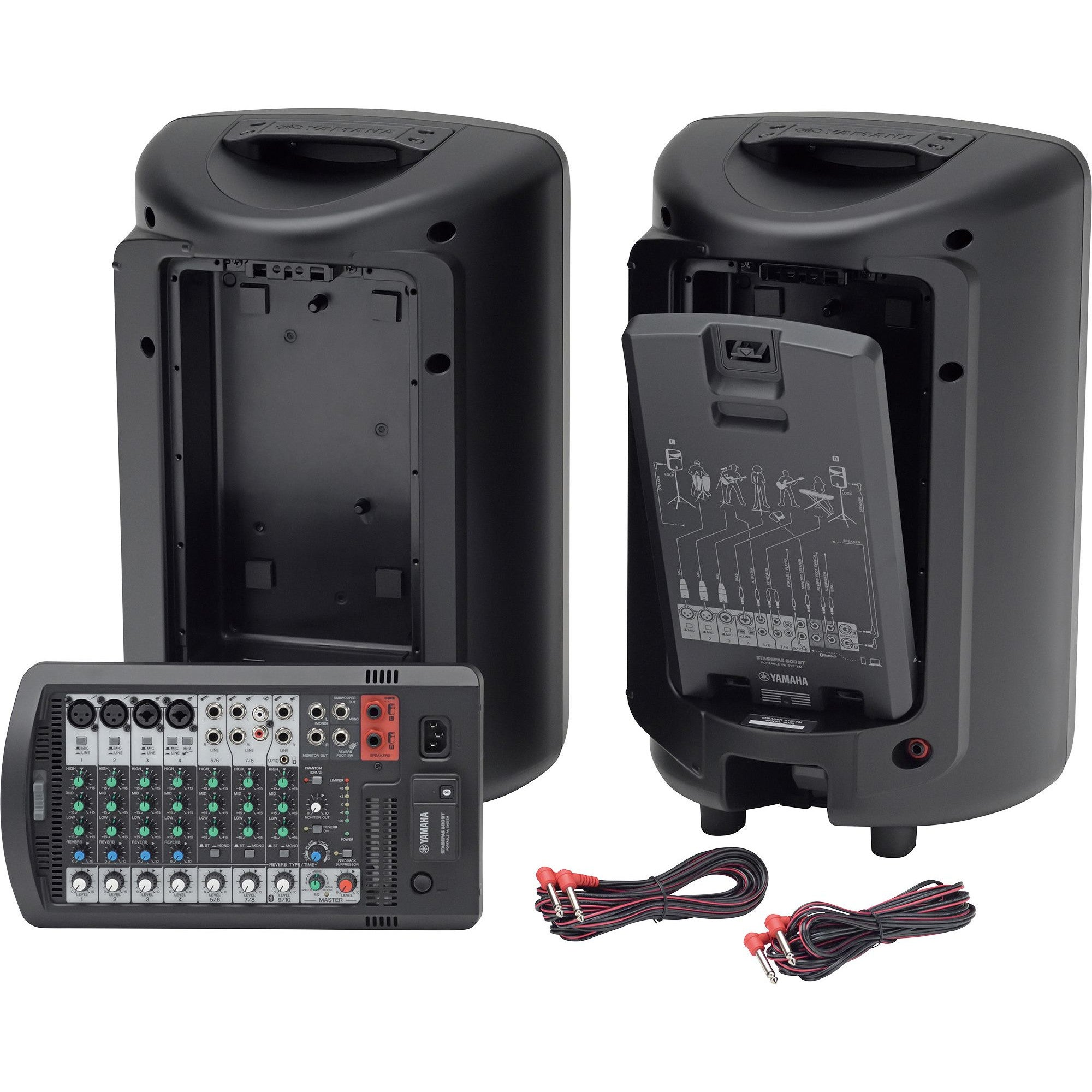 Sistema PA Yamaha con mixer, altoparlanti e cavi.
