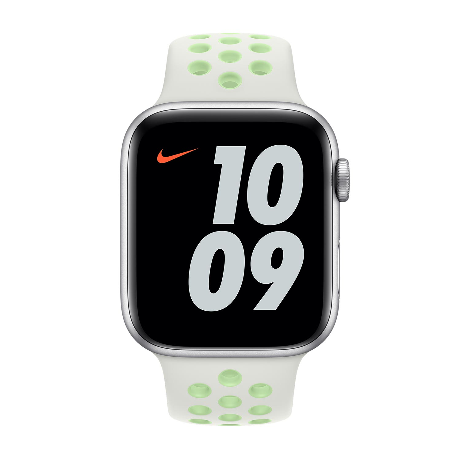 Een witte Apple Watch met lichtgroene gaten en een zwart wijzerplaat.